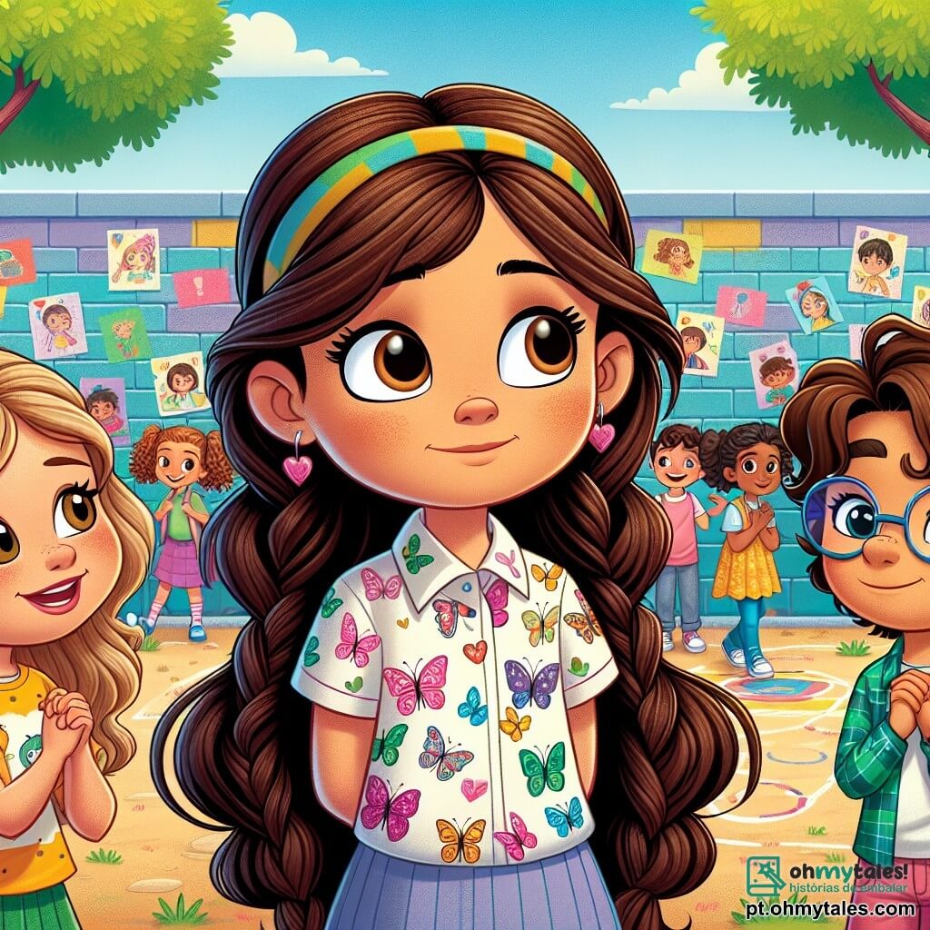 No centro da imagem, Clara, uma menina de 8 anos com longos cabelos castanhos trançados, usa uma blusa com estampas de borboletas coloridas. Seu rosto expressa determinação misturada com leve nervosismo, enquanto ela se mantém ereta, com as mãos nos quadris, pronta para defender seu ponto de vista. À sua esquerda, Sofia, outra menina de 8 anos com cabelos loiros e cacheados, olha para Clara com admiração, seus olhos brilhando de apoio. À direita, Miguel, um garoto de 9 anos com óculos e cabelos castanhos, sorri e acena com a cabeça, mostrando que concorda com Clara. A cena ocorre em um pátio escolar animado, cercado por paredes coloridas e desenhos de crianças, com árvores verdes ao fundo e colegas de classe brincando ao longe. No chão, jogos de recreação são visíveis, adicionando vida ao ambiente. A situação principal mostra Clara, Sofia e Miguel juntos, unidos diante de um grupo de colegas que riem. Clara fala corajosamente, afirmando que todos merecem respeito, enquanto seus amigos a incentivam, criando uma atmosfera de solidariedade e força.