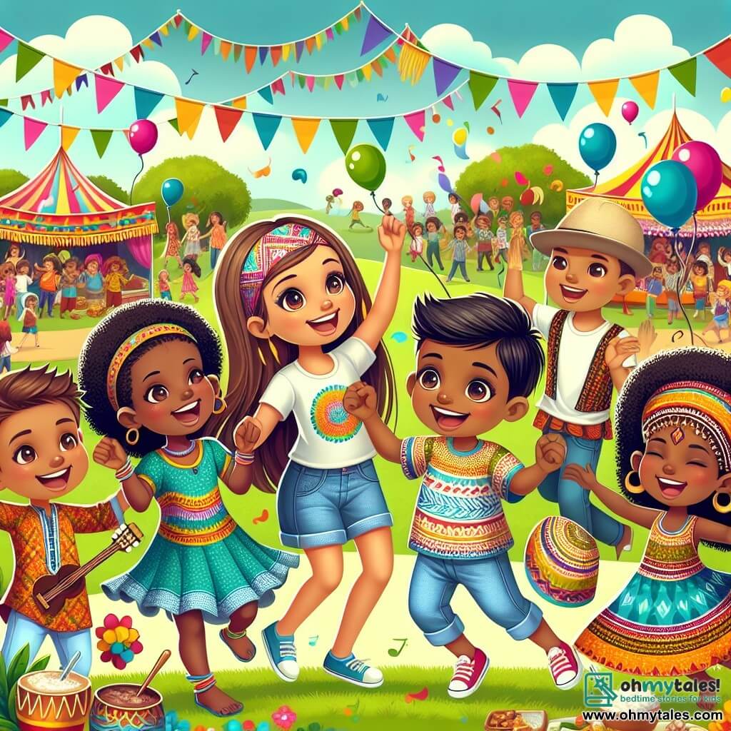 An illustration depicts a smiling little girl with long brown hair and sparkling eyes, wearing a colorful t-shirt and denim shorts. She joyfully dances with her arms raised, surrounded by bright colors and festive decorations. Next to her is an Indian boy with caramel skin and black hair, wearing a patterned t-shirt and light pants, laughing and clapping to the music with contagious joy. A little further away, a young African woman with curly hair and a colorful dress dances gracefully, her face lit up by a big smile. The main setting is a lively park filled with colorful tents representing different cultures, with fluttering flags and appetizing food stalls. Multicolored balloons float in the blue sky, and children of all backgrounds play together on the green grass. The main scene shows the little girl and her friends dancing together at a cultural festival, celebrating diversity and unity through music and dance, accompanied by traditional musical instruments, typical dishes from various cuisines, and festive decorations that evoke joy and harmony among cultures.