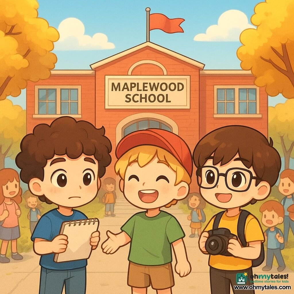 There are three characters: Leo, a 12-year-old boy with curly brown hair wearing a blue T-shirt and jeans, holding a sketchbook in his hands, looking with a mix of excitement and nervousness; Max, a 12-year-old boy with blonde hair and a red cap, dressed in a green T-shirt and shorts, smiling broadly and giving a friendly gesture towards Leo; and Sam, a 12-year-old boy with brown hair and glasses, wearing a yellow T-shirt and black pants, holding a camera ready to capture the moment, standing next to Max. The main setting is the entrance of Maplewood School, a red brick building with large windows and a flag waving in the wind, surrounded by trees with golden leaves, with students of all ages gathering around, laughing and chatting, creating a vibrant and lively atmosphere. The main scene shows Leo, Max, and Sam standing together in front of the school, Leo nervously looking at the building while Max and Sam encourage him with bright smiles. Sunlight illuminates the scene, adding a warm touch to this back-to-school moment.