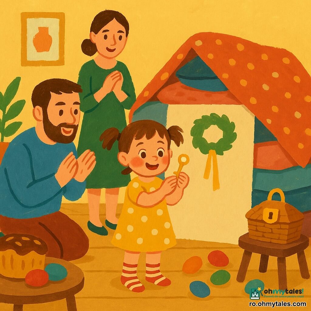 O fetiță de 4 ani, față rotundă, obraji roz și păr șaten în cozi, zâmbește uimită ținând o cheiță aurie; poartă o rochiță galbenă cu buline albe și șosete în dungi, ochi strălucitori; lângă ea, tatăl (~35 ani) cu barbă scurtă și pulover albastru este cocoțat privind cheia și aplaudând ușor, iar mama (~33 ani) cu părul prins, în rochie verde, stă în picioare în spatele "cabaniei" din perne, cu mâinile împreunate și zâmbet blând; scena are loc într-un living cald cu parchet deschis, perne îngrămădite formând o cabană acoperită cu o pătură cu buline, o masă mică cu cozonac și ouă vopsite, un coș de nuiele cu un lacăt strălucitor pe un taburet și ouă colorate împrăștiate, iar pe ușa de hârtie a cabanei atârnă o coroniță verde cu un șnur galben de care este prinsă cheia; paleta picturală e vie, cu galben cald, verde blând, albastru moale și accente de roz și ciocolatiu, texturi de pensulă vizibile și contururi moi.