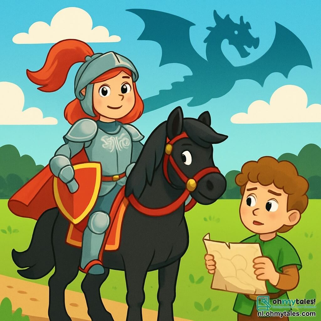 Een moedige ridder, genaamd Elise, staat trots op haar zwarte paard, Storm. Ze draagt een glanzend harnas versierd met bloemmotieven en haar gezicht straalt vastberadenheid uit met een zelfverzekerde glimlach. Naast haar staat een jonge schildknaap van 10 jaar, met krullend haar en sprankelende ogen, die een opgerolde kaart vasthoudt, bezorgd maar klaar om te helpen. Op de achtergrond strekt een uitgestrekt groen veld zich uit onder een blauwe lucht met witte wolken, met een dicht bos aan de horizon. De hoofdscène toont Elise en haar schildknaap die zich voorbereiden om een pad te kiezen, omringd door de dreigende schaduw van een draak die boven hen zweeft, wat een zowel spannende als mysterieuze sfeer creëert.