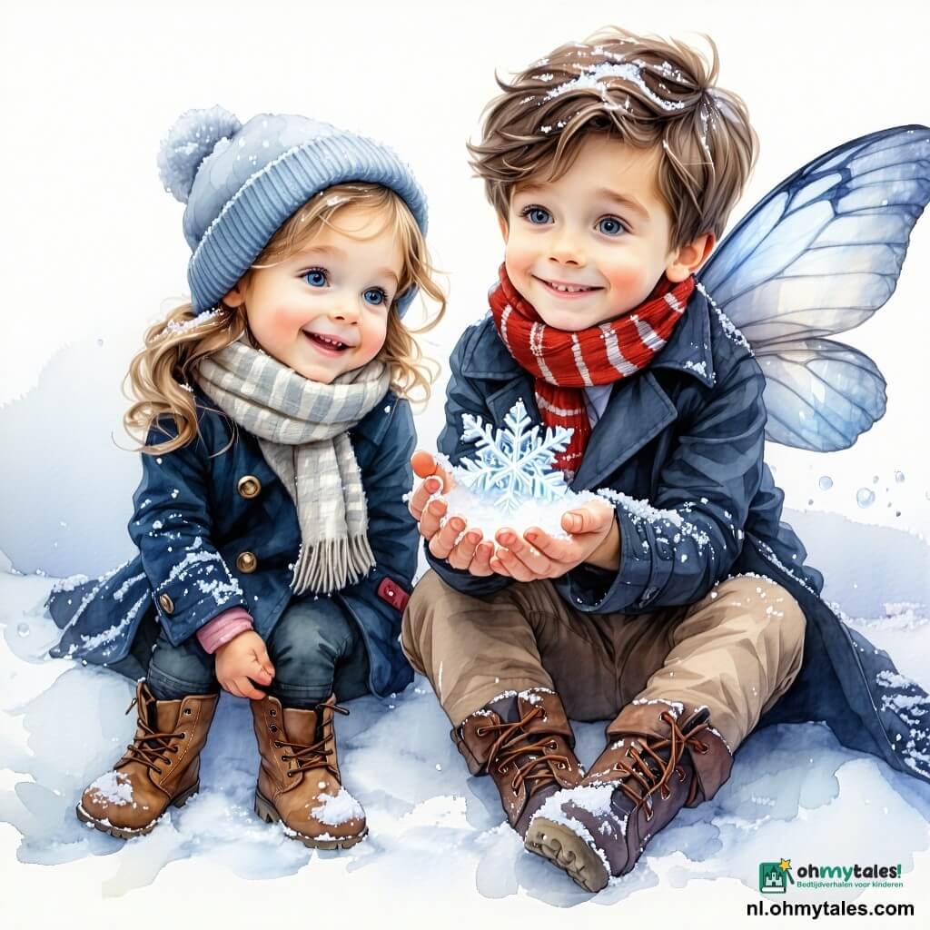 Een achtjarige jongen met warrig lichtbruin haar en door de kou roze wangen, verwonderd en glimlachend, in een donkerblauwe jas en rood-wit gestreepte sjaal, houdt voorzichtig een groot fonkelend sneeuwvlokje in zijn handpalm; een piepkleine sneeuwfee met rijpbleke huid, doorschijnende zilverachtige jurk en fijne glinsterende vleugels glimlacht en zweeft boven zijn hand in zacht licht; zijn moeder van ongeveer 35 jaar met opgestoken bruin haar en een warme groene jas staat bij de deur van een houten huisje een paar stappen achter hen met een kop dampende warme chocolademelk, terwijl het dorp bedekt is met dikke witte sneeuw, kleine houten huisjes met besneeuwde daken en gouden lichtjes aan de ramen en een grote versierde den in het midden onder een diepblauwe schemerlucht met sterren en vallende vlokken — hoofdscène: de jongen ontdekt het magische sneeuwvlokje onder een verlichte dennen tak en de sneeuwfee verschijnt om een wens te vervullen, warme, feeërieke sfeer met zachte contrasten tussen koud blauw en warme lichttinten.