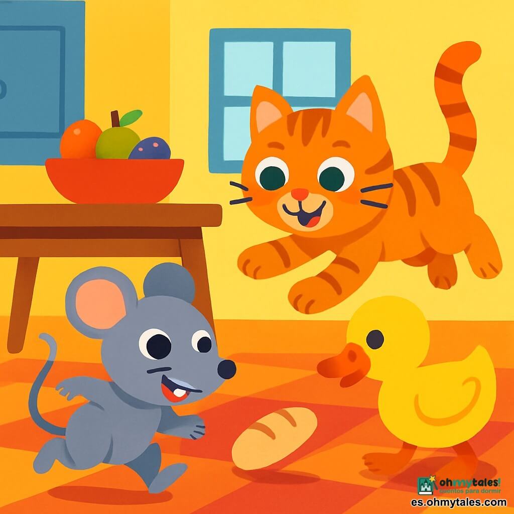 Un pequeño ratón llamado Tito, con ojos brillantes y un suave pelaje gris, corre alegremente por una cocina soleada, con una gran sonrisa en su rostro. Está rodeado de trozos de pan que ruedan a su alrededor. A su lado, un gato llamado Mimi, con pelaje atigrado y ojos verdes brillantes, salta con entusiasmo para atrapar el pan. Más lejos, un pato llamado Paco, con plumaje amarillo brillante y un pico naranja, observa el pan mientras se prepara para hacerlo rodar con su pico. La cocina está llena de colores vivos: paredes amarillas, un suelo de baldosas rojas y una gran mesa de madera con frutas coloridas. La situación principal muestra a Tito, Mimi y Paco divirtiéndose juntos persiguiendo el pan que rueda, creando un ambiente alegre y juguetón.