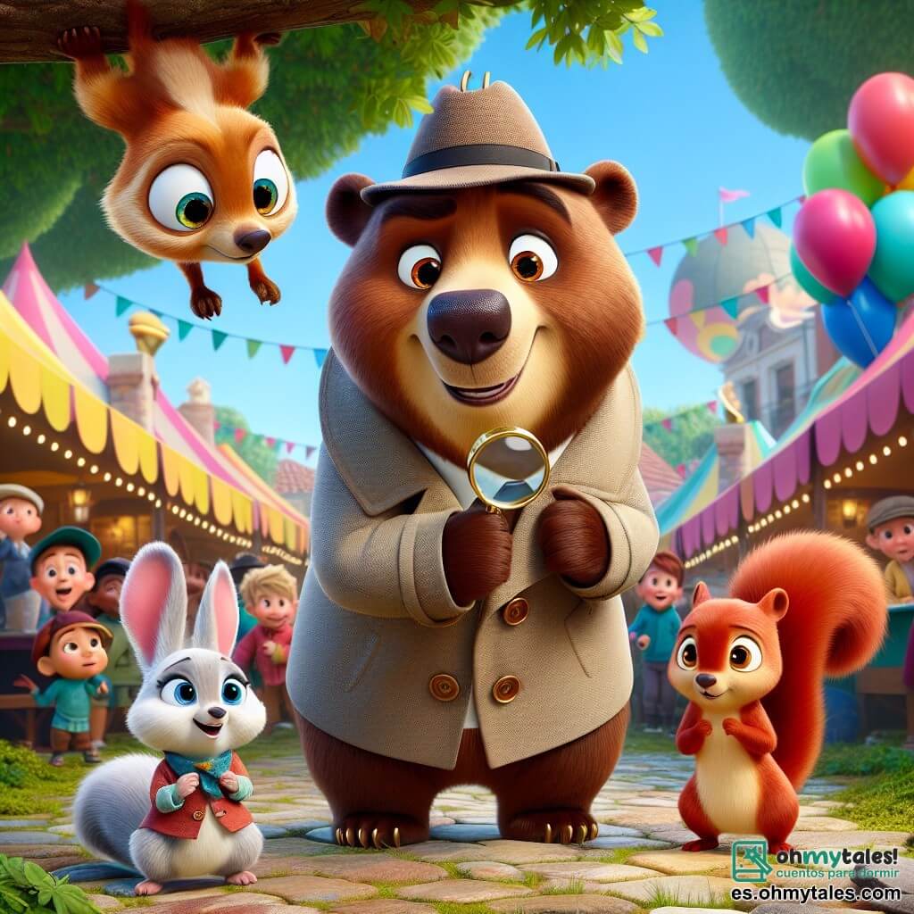En el centro de la imagen, el personaje principal, Tito el oso, es un gran oso marrón con una sonrisa cálida y ojos llenos de curiosidad. Lleva un pequeño sombrero de detective y sostiene una lupa en su pata, observando el suelo con una expresión decidida. A su derecha, Lola la ardilla es una adorable criatura de pelaje rojizo, con grandes ojos brillantes y una cola esponjosa. Está posada en una rama de árbol, mirando atentamente hacia abajo, con una expresión de emoción y anticipación. A la izquierda, Pepe el conejo es un pequeño conejo blanco con largas orejas y un aire travieso. Está agachado, con las orejas en alto, escuchando atentamente, su rostro muestra una ligera preocupación pero también una gran curiosidad. El decorado es una hermosa plaza de pueblo colorida, llena de globos flotantes, puestos de comida y decoraciones festivas. Árboles verdes rodean la escena, y niños juegan al fondo, añadiendo un ambiente alegre y animado. La situación principal muestra a Tito, Lola y Pepe en plena investigación, buscando pistas para encontrar el sombrero desaparecido de Don Matías. Tito examina el suelo con su lupa, mientras Lola observa desde las alturas y Pepe escucha atentamente, todos concentrados en su misión de investigación.