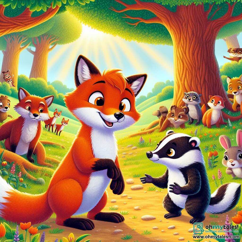 In the center of the image, a bright orange young fox named Felix, with large curious eyes and a warm smile, stands on his hind legs, ears perked up, showing an expression of determination and joy. Next to him, a striped black and white badger named Benny displays a shy but happy smile, with his front paws on the ground, ready to take a step forward. In the background, forest animals like a wise owl with brown feathers and a rabbit with large white ears watch the scene with interest and encouragement. The setting is a sunny clearing surrounded by majestic trees with vibrant green leaves, scattered with colorful flowers. The main situation shows Felix and Benny, hand in paw, addressing a group of animals gathered around a large oak tree, promoting acceptance and friendship, while a group of animals in the background listens attentively, illustrating the message of solidarity and the fight against racism.