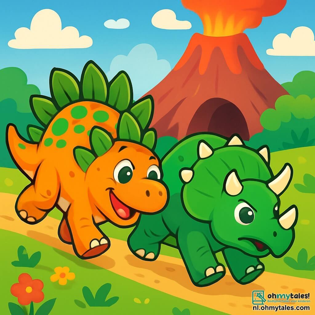 Een blije stegosaurus met groene en oranje platen op zijn rug staat in het midden van de scène, glimlachend met sprankelende ogen van opwinding. Hij rent met volle snelheid door een groene vallei, zijn stevige poten slaan energiek op de grond. Naast hem volgt een vriendelijke triceratops met witte hoorns en een grote schuilplaat om zijn nek, met een vastberaden uitdrukking. Op de achtergrond staat een majestueuze vulkaan met witte wolken erboven en kleurrijke bloemen verspreid over het gras. De hoofdscène toont de stegosaurus en de triceratops die samen naar een veilige grot rennen, terwijl een roodachtige gloed uit de vulkaan ontsnapt, wat een avontuurlijke en opwindende sfeer creëert.