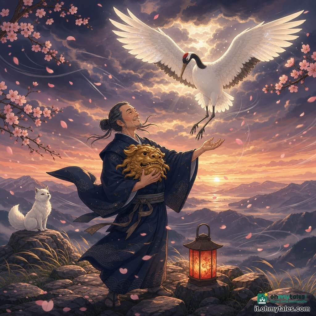 Arata, uomo dal viso dolce con lievi rughe e capelli grigio scuro raccolti, in kimono blu scuro scompigliato dal vento tiene davanti al petto una grande maschera di leone dorata e canta a braccia aperte; una lunga gru bianca dal piumaggio nacré discende calma tra nuvole che si aprono e si avvicina a lui, mentre a sinistra su una pietra una piccola volpe bianca osserva in silenzio; tutto sul crinale roccioso di un monte al crepuscolo con erba bassa scossa dal vento, rami di ciliegio e petali portati dalla brezza, la tempesta che si dissolve in bande di nubi e la luce di una lanterna rossa che tremola a terra, composizione centrata con i movimenti del vento e delle ali che guidano lo sguardo verso l'incontro.
