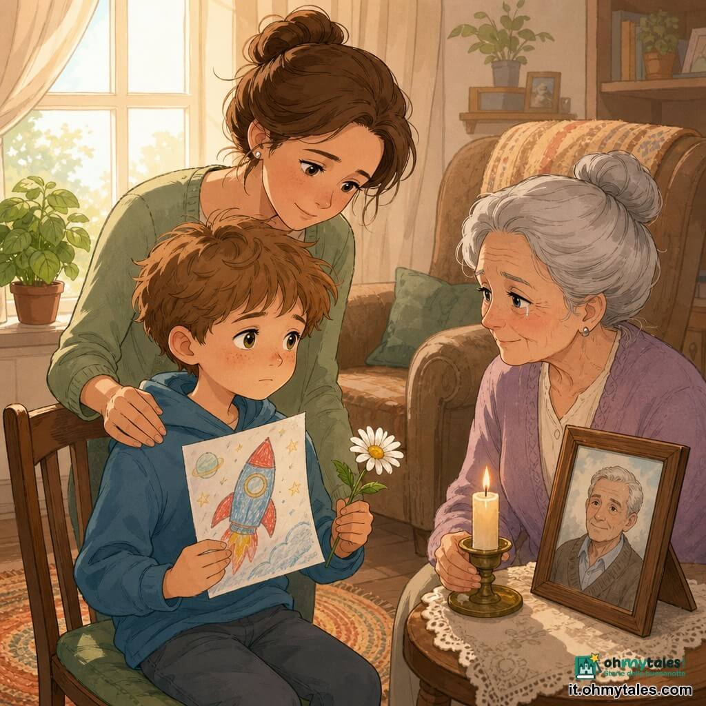 Un bambino di 8 anni, triste ma calmo, volto rotondo con lentiggini, capelli castano chiaro arruffati, occhi nocciola, seduto vicino a una finestra che tiene delicatamente un disegno di razzo colorato e una margherita bianca; la madre (donna, ~35 anni) con capelli castani raccolti, espressione dolce e protettiva, sta dietro con una mano sulla sua spalla destra; la nonna (donna, ~75 anni) con capelli grigi raccolti in chignon, occhi umidi e sorriso tenero, seduta a un tavolino di fronte con una candela accesa in un portacandela; salotto luminoso in tarda pomeriggio con tende beige chiare, poltrona di legno vecchia, tappeto dai toni caldi, foto incorniciata del nonno su una mensola e piccolo vaso con basilico sul davanzale; scena principale: un addio calmo e rispettoso — il bambino offre il disegno e il fiore alla memoria del nonno, atmosfera dolce, palette pastello (beige, verdi tenui, azzurro pallido), illuminazione calda e tenue, linee semplici ed espressive in stile fumetto.