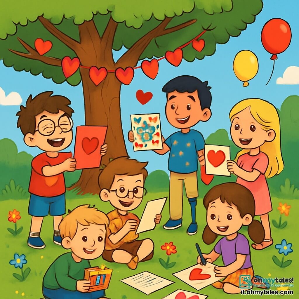 Ci sono 6 personaggi: - Luca: un ragazzo di 10 anni con capelli castani disordinati e occhiali rotondi, indossa una maglietta rossa con un cuore disegnato e un pantaloncino blu, ride mentre tiene una grande carta di San Valentino. - Matteo: un ragazzo di 10 anni con capelli biondi e lentiggini, indossa un felpa verde e jeans, è seduto sull'erba con una scatola di pastelli pronta a disegnare. - Gabriele: un ragazzo di 10 anni con capelli neri e una protesi alla gamba, indossa una maglietta blu con stelle e pantaloni beige, sta in piedi sorridendo mostrando una carta colorata agli amici. - Samuele: un ragazzo di 10 anni con capelli castani e occhiali, indossa una camicia a quadri e un pantaloncino, è seduto accanto a Matteo mentre legge una poesia ad alta voce. - Sara: una ragazza di 10 anni con capelli lunghi e biondi, indossa un vestito rosa con cuori, è in piedi sorridente mostrando una carta di San Valentino a Gabriele. - Chiara: una ragazza di 10 anni con capelli castani e due codini, indossa una maglietta viola e una gonna a fiori, è seduta sull'erba circondata da pastelli mentre disegna cuori. La scena si svolge in un parco soleggiato, pieno di fiori colorati e alberi maestosi, con un grande albero decorato con cuori di carta che crea un'atmosfera festosa. I bambini stanno creando carte di San Valentino, ridendo e scambiando idee e disegni, celebrando l'amicizia e l'amore con entusiasmo.