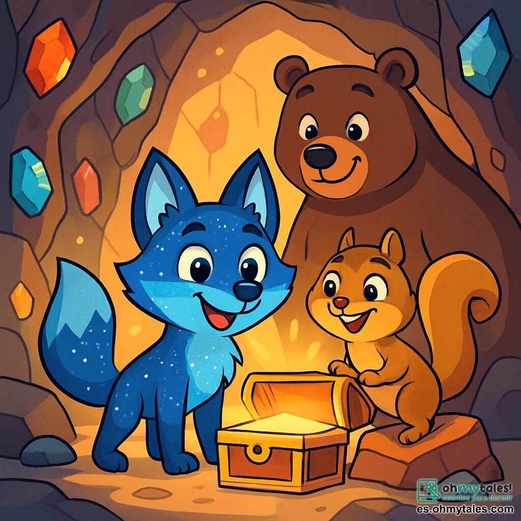 Un joven zorro de pelaje azul brillante, llamado Zafiro, se encuentra en el centro de la escena, con los ojos brillantes de emoción y determinación. Explora una cueva mágica, rodeado de paredes relucientes adornadas con piedras preciosas de colores vivos. A su lado, una pequeña ardilla astuta, Estela, de ojos chispeantes y pelaje marrón dorado, trepa sobre una piedra, sonriendo con entusiasmo. Un oso joven y robusto, Brumo, de pelaje marrón oscuro, se sitúa detrás de ellos, mostrando una expresión de orgullo y protección, listo para apoyarlos. La cueva está iluminada por una luz dorada que emana de un cofre en el centro, creando una atmósfera encantada y misteriosa. Zafiro, Estela y Brumo descubren juntos el tesoro escondido, simbolizando su amistad y valentía ante la aventura.