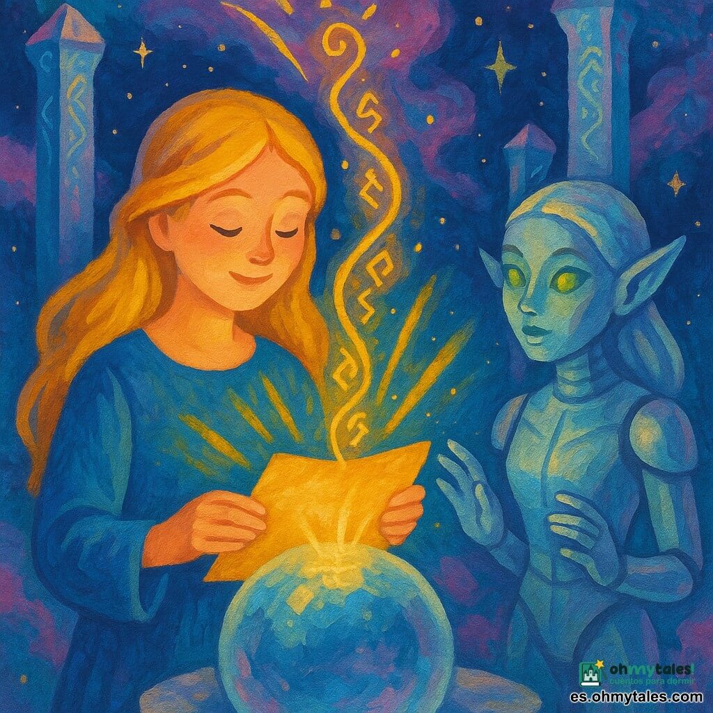 Luna, joven de cabello rubio dorado largo y brillante, sonrisa dulce, coloca un antiguo pergamino luminoso sobre una gran esfera de cristal; a su derecha Yara, elfa robótica de piel plateada y ojos verdes, lista para guiar; santuario espacial con columnas flotantes de cristal y runas grabadas, nubes de nebulosas violetas y azules y pequeñas estrellas; las runas doradas ascienden en espiral y emanan haces de luz cálida, ambiente mágico y sereno; estilo: pintura acrílica colorida, trazos suaves y redondeados, paleta luminosa (dorado, azul noche, violeta), composición centrada y apta para niños.