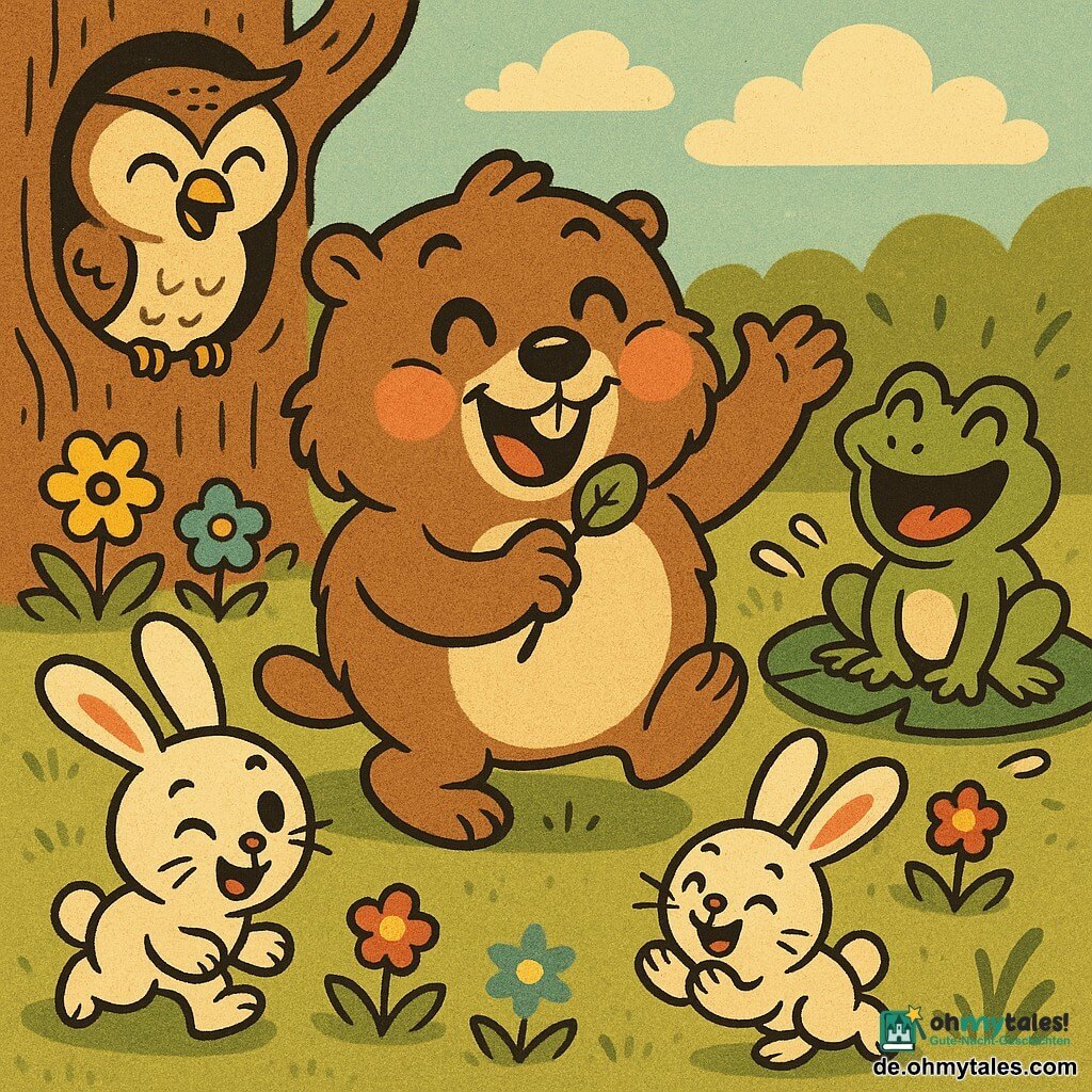 Ein kleines rundes flauschiges Murmeltier in der Bildmitte, sehr fröhlich und lächelnd, große glänzende Augen, rosige Wangen, braunes Fell und kurze Pfoten, hält ein Blatt wie ein Mikrofon und erzählt eine Witz, aufgeregte Pose mit einer erhobenen Pfote; links eine Eule im Baumstamm mit creme-braunem Gefieder, neckischem Ausdruck und leichtem Lachen, rechts ein leuchtend grüner Kröterich auf einem Seerosenblatt, aufgerissener Mund und lautes Lachen mit leichten Spritzern, vorne zwei weiße Kaninchen auf der Wiese mit langen Ohren und rosener Nasen, die herumhoppeln und lachen; sonnige Waldlichtung mit strukturierter grüner Wiese, bunten Blumen, großem Baumstamm im Hintergrund und hellem Blauhimmel mit wenigen fluffigen Wolken; Szene: gemeinsames fröhliches Lachen beim Witz der Murmeltier, warme Atmosphäre, kräftige Farben, runde Formen und dicke schwarze Konturen im retro-Cartoon-Stil, klare zentrierte Komposition für Kleinkinder.