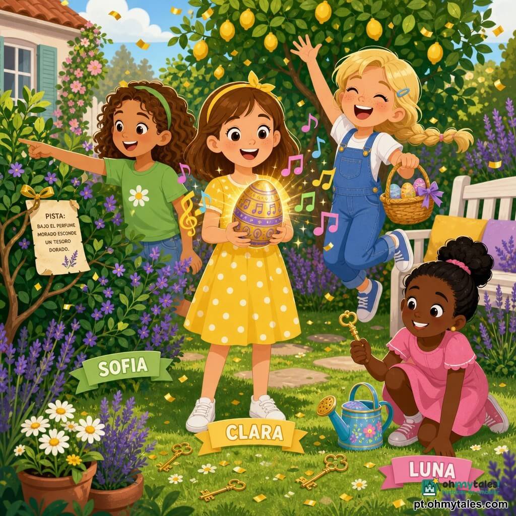 Quatro meninas reunidas num jardim ensolarado: Clara (≈9 anos, cabelo castanho médio, vestido amarelo com bolinhas brancas) está de pé no centro segurando cuidadosamente um grande ovo decorado dourado e lilás; Sofia (≈8 anos, cabelo cacheado castanho-claro, camiseta verde) olha o ovo com curiosidade e aponta para um arbusto à esquerda; Beatriz (≈10 anos, cabelo loiro em trança, jardineira azul) ri e salta à direita de Clara segurando uma pequena cesta de Páscoa; Luna (≈9 anos, cabelo preto em coque, vestido rosa) está agachada perto de um regador colorido mostrando uma chave dourada; cenário: relvado verde texturizado, tufos de lavanda roxa, um limoeiro ao fundo, um banco de madeira branco à direita, confetes dourados flutuando e luz quente da manhã; o ovo emite uma melodia visível por notas coloridas, há uma pista em papel presa a um ramo, chaves e confetes ao redor; atmosfera alegre, cores vivas, formas simples e composição centrada, adequada a crianças.