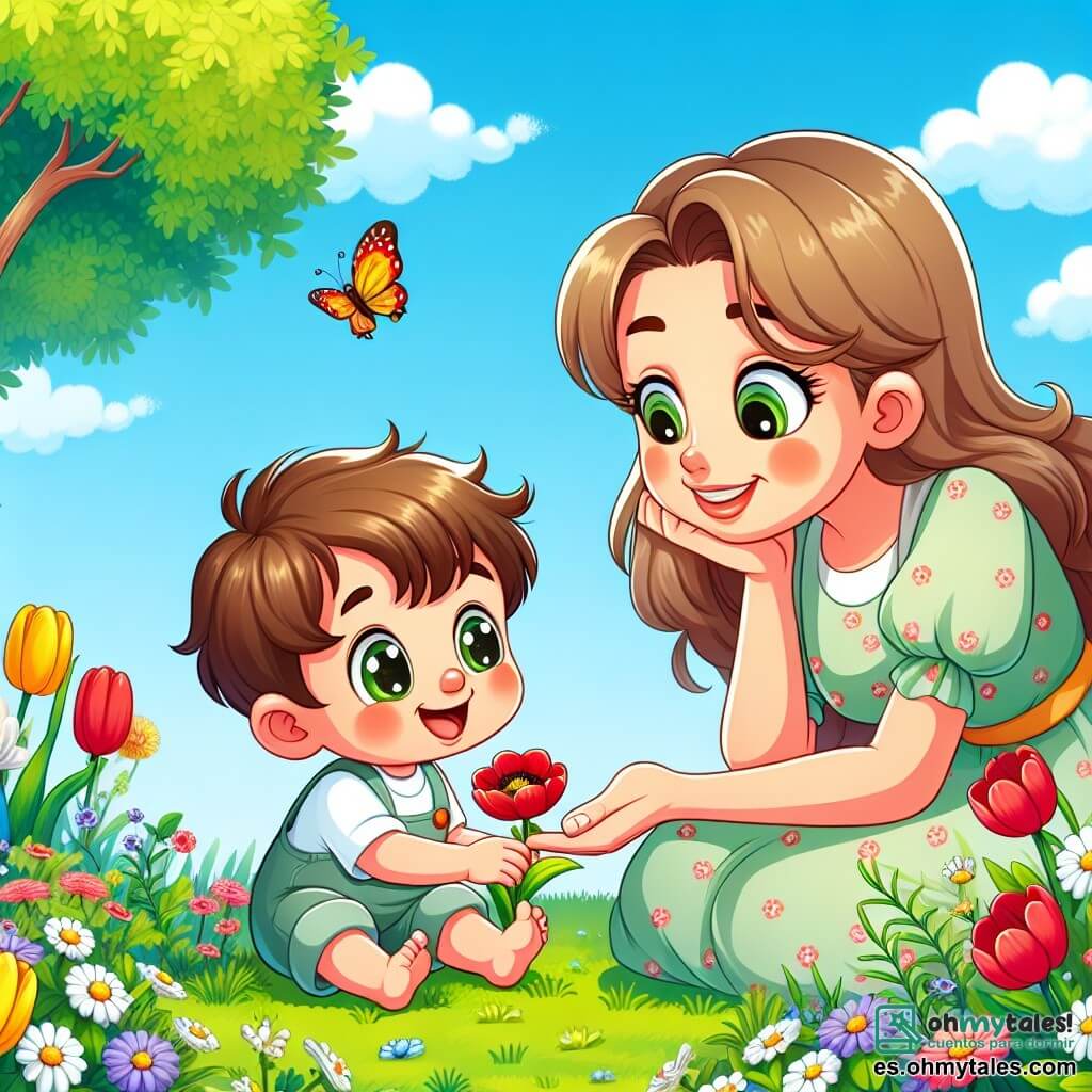 Un niño pequeño de 2 años, con cabello castaño despeinado y ojos llenos de curiosidad, está sentado en la hierba verde del jardín. Sonríe maravillado al mirar una flor roja brillante frente a él, con las manos pequeñas extendidas hacia la flor como si quisiera tocarla. A su lado, su mamá, una mujer de unos 30 años con cabello largo y castaño, lleva un vestido ligero y colorido. Se inclina ligeramente hacia adelante, sonriendo tiernamente a su hijo mientras le muestra una mariposa que vuela cerca de ellos. El jardín está lleno de flores de colores vivos: tulipanes amarillos, margaritas blancas y amapolas rojas, bajo un cielo azul claro salpicado de algunas nubes blancas. Un gran árbol con hojas verdes brillantes se alza en el fondo, añadiendo frescura a la escena. La situación principal muestra al niño maravillado por la belleza de la naturaleza en primavera, descubriendo flores e insectos, mientras su mamá lo anima a explorar y apreciar las maravillas de esta temporada.