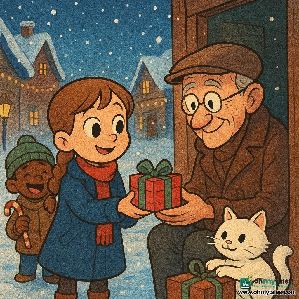 An 8-year-old girl, very smiling and slightly shy, light brown braided hair, big curious eyes, wearing a woolly blue coat and red scarf, holds a small painted wooden bird with red wings and a golden beak and offers a red-striped gift with a green ribbon and silver bell to a kindly 70-year-old man; he has a wrinkled gentle face, round glasses and a worn brown coat, sits at the door of his small wooden house and accepts the present emotionally with his hands around it. A roughly 5-year-old boy, tousled hair and green beanie, laughs and holds a candy cane behind the girl slightly left. A fluffy white cat (Marshmallow) plays with a green ribbon on a box beside the girl. Setting: snowy village street at dusk, gabled snow-covered houses, warm yellow streetlamps, falling garlands and snowflakes, sparkling footprints. Main scene: tight composition on characters, warm golden light from the house contrasting with the cold blue snow, retro cartoon style with rounded lines, saturated colors and paper textures, festive intimate atmosphere.