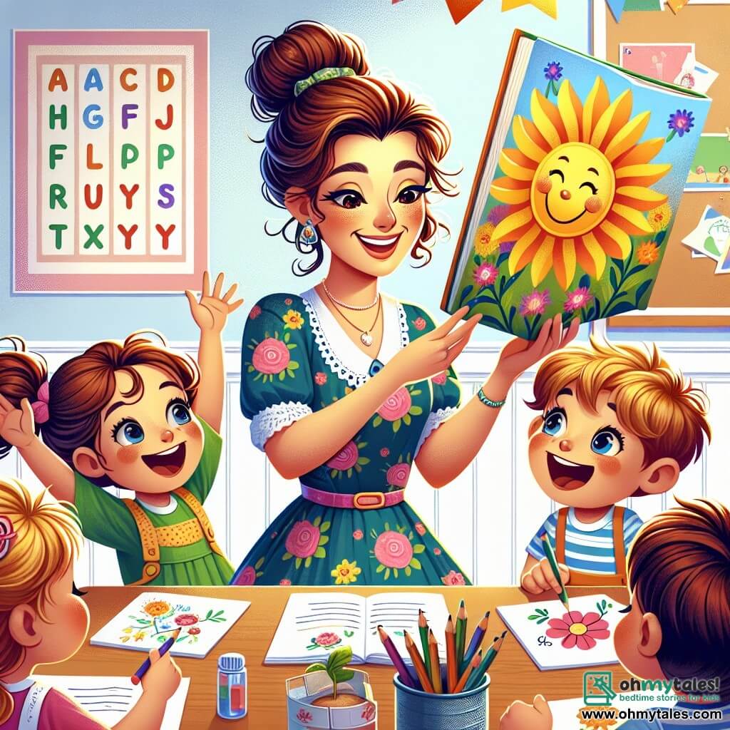 A smiling teacher, Miss Lily, is at the center of the scene. She is a woman in her thirties with brown hair in a bun, wearing a colorful dress with floral patterns. Her face radiates joy as she holds a large illustrated book, captivating her students' attention. To her right, Timmy, a 6-year-old boy with messy blonde hair, jumps for joy with his arms raised, showing off his drawing of a bright yellow sun. To her left, Sarah, a 5-year-old girl with brown pigtails, admires her drawing of a pink flower, her eyes shining with excitement. The scene takes place in a bright classroom with light blue walls and colorful posters depicting letters and numbers. Crayons and sheets of paper are scattered on the wooden tables. Miss Lily reads a story to her students, surrounded by laughter and smiles, as the children sit in a circle on a colorful rug, eager to discover the adventures of the little turtle.
