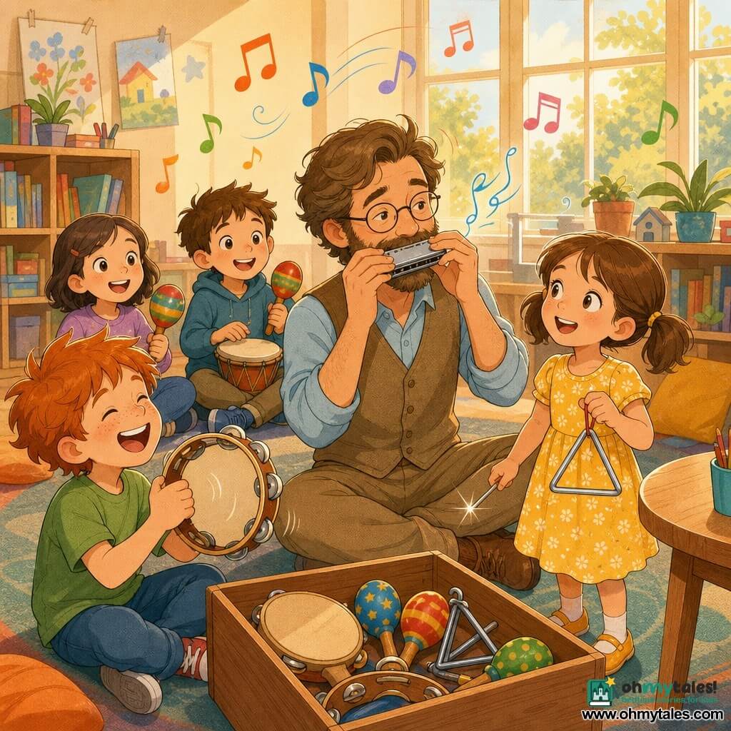 Mr. Eliot, a smiling bearded man with round glasses, plays a silver harmonica, blue musical notes drifting from it; to his right Mia, about 8, with brown pigtails and a yellow floral dress, holds a shimmering triangle by a round table; to his left slightly forward Tom, about 7, with tousled red hair and a green T‑shirt, shakes a tambourine and laughs; two other children (6–9) behind them play maracas and small drums. The after‑school room has pastel walls, large windows with golden light, bookshelves and an open wooden box of instruments on the floor. The scene is a warm, bright improvised music workshop with children gathered in a circle and stylized notes floating in the air.