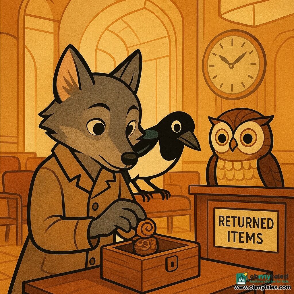 Milo, a small anthropomorphic gray wolf with bright hazel eyes, calmly places a bronze acorn engraved with spirals into a simple wooden box with a latch; Pippa, a glossy black-and-white magpie with a mischievous but peaceful look, perches on his shoulder leaning toward the box with wings slightly open; Clerk Tock, a small owl whose feathers resemble calendar tiles, smiles behind a polished wooden desk holding a "RETURNED ITEMS" tag; the Waiting Room of Minutes is a bright, pearly-walled space with varied wooden and velvet seats, a wall clock with silver-leaf hands and soft diffused glass-like light; the centered composition conveys a calm, orderly scene in warm ochre and bronze tones with art-deco geometry and visible wood, metal and feather textures reflecting respect and care.