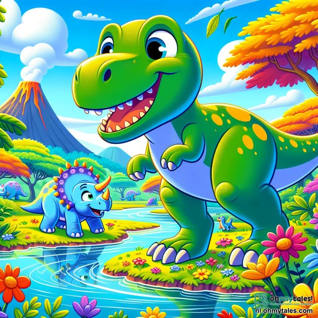 Een Tyrannosaurus Rex genaamd Timo, met een grote ronde kop, nieuwsgierige sprankelende ogen en een brede glimlach, staat aan de rand van een glinsterende rivier. Zijn lichaam is groen met gele vlekken en hij heeft krachtige poten die klaar lijken om te springen. Naast hem staat een kleine Triceratops genaamd Tessa, met drie kleine hoorns op haar voorhoofd en een lichtblauwe huid, die verwonderd kijkt naar de felle kleuren van de bloemen om haar heen. Ze buigt haar voorpoten om een bloem te ruiken. De omgeving is een weelderige vallei, vol met grote bomen met kleurrijke bladeren, stralende bloemen en een rivier die de blauwe lucht weerspiegelt. Vulkanische bergen torenen op de achtergrond, met een lichte damp. De belangrijkste situatie toont Timo en Tessa die plezier hebben terwijl ze over de rivier springen, lachend samen, terwijl kleine dinosaurussen, de "Speeltjes", hen enthousiast aankijken, klaar om zich bij hun spel te voegen.