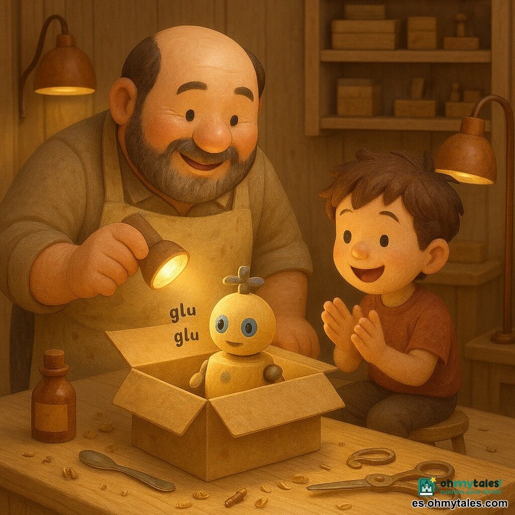 Un inventor alto y regordete con barba corta y salpicaduras de pintura en su delantal beige sostiene una pequeña lámpara que ilumina con halo cálido una caja de cartón abierta; a su derecha, un niño de unos seis años con cabello revuelto, sentado en un taburete, aplaude emocionado; del centro de la mesa emerge un juguete robot de madera redondeado pintado en amarillo pastel con ojos azules y una hélice metálica; taller acogedor con mesa de madera, virutas, tornillos de latón y herramientas en estanterías, lámparas de cobre y una botella pequeña que sugiere olor a cítricos; escena de descubrimiento tierno, colores cálidos y texturas de madera.