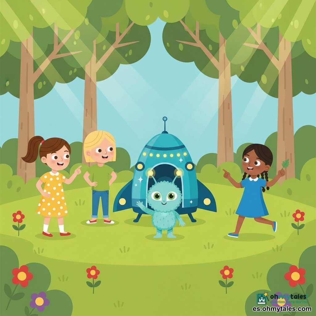 Hay cuatro personajes: Sofía, 9 años, pelo castaño en coleta, vestido amarillo con lunares blancos, en primer plano a la izquierda señalando la pequeña nave espacial con una gran sonrisa; Valentina, 9 años, pelo rubio corto, camiseta verde y vaqueros, en el centro con manos en las caderas mirando a la criatura asombrada; Lucía, 8 años, pelo negro trenzado, vestido azul, a la derecha saltando de emoción con una pequeña hoja artesanal; y un extraterrestre llamado Zog, pequeño y peludo, pelaje turquesa claro, grandes ojos verdes brillantes y antenas luminosas, saliendo de la nave y saludando amigablemente, situado ligeramente detrás del centro ante la puerta abierta de la nave. Lugar: un claro soleado en un pequeño bosque con hierba verde vibrante, flores rojas y moradas y árboles de troncos claros; la nave metálica azul brillante está en el centro con pequeñas luces centelleantes y rayos de sol filtrándose entre las hojas. Situación: las tres niñas descubren la nave y se encuentran con un extraterrestre amistoso; momento de sorpresa y alegría, expresiones cálidas, atmósfera curiosa y amigable, colores vivos y composición centrada en la nave con los personajes en semicírculo alrededor.