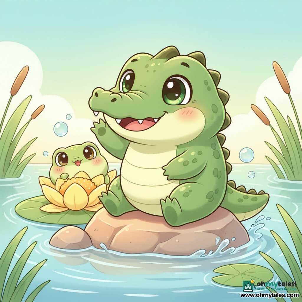 A green crocodile named Charlie with a wide smile and shiny emerald scales, joyful expression, sitting on a warm rock counting with a raised paw, and a small pale-green round frog named Fiona with big curious eyes and pink cheeks peeking mischievously from behind a large yellow flower on a lily pad, both playing hide-and-seek and gently splashing in a sunlit pale-blue river with floating lily pads, tall grasses and a few water bubbles, soft pastel sky, playful cozy atmosphere, bright colors, soft contours and rounded shapes.