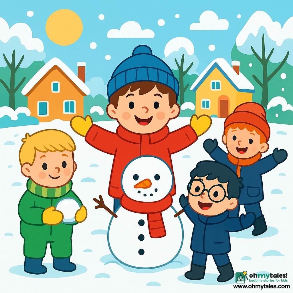 There are four children: Max, a 7-year-old boy with messy brown hair, wearing a bright red coat, a blue hat, and yellow gloves, is in the center, smiling with his arms open, ready to make a snowman. Liam, a 6-year-old boy with blond hair and rosy cheeks, dressed in a green ski suit and a striped scarf, is to the left of Max, holding a snowball in his hand. Noah, a 5-year-old boy with black hair and round glasses, wearing a navy blue coat and black boots, is to the right of Max, laughing and raising his arms. Eli, a 6-year-old boy with red hair and a bright smile, dressed in an orange jacket and a pom-pom hat, is behind Max, holding a shovel to build the snowman. The setting is a peaceful neighborhood covered in a thick layer of sparkling snow under the winter sun, with snow-laden trees lining the street and snow-covered houses in the background, creating a warm and joyful atmosphere. The main scene shows the children playing in the snow, laughing and having fun as they start building a snowman with stacked snowballs and colorful accessories like a carrot for the nose and pebbles for the eyes.