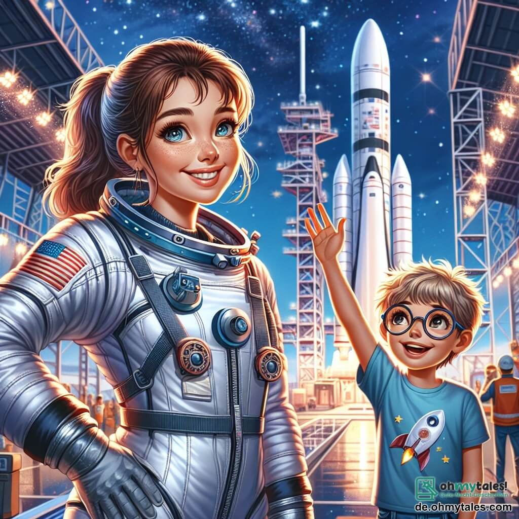 Eine Astronautin mit strahlendem Lächeln und funkelnden Augen trägt einen weißen und silbernen Raumanzug und steht vor einer glänzenden Rakete, bereit zum Start. Ihre braunen Haare sind zu einem Pferdeschwanz gebunden, während sie mit Staunen in den sternenklaren Himmel über ihr blickt, wo die Sterne wie Diamanten funkeln. Neben ihr steht ein kleiner Junge namens Tim, etwa 8 Jahre alt, mit zerzausten blonden Haaren und runden Brillen, der die Hand hebt, um ihr zuzuwinken. Er trägt ein blaues T-Shirt mit einem Raketenbild und eine Jeansshorts, während er ein großes bewunderndes Lächeln zeigt. Der Ort ist ein lebhaftes Raumfahrtzentrum mit leuchtenden Schildern und Techniker im Hintergrund, die sich auf die Startvorbereitungen konzentrieren. Die majestätische Rakete steht auf der Startrampe, umgeben von Kabeln und blinkenden Lichtern, während ein dämmeriger Himmel in Violett und Orange über ihr aufzieht. Die Hauptsituation zeigt die Astronautin, die sich auf den Einstieg in die Rakete vorbereitet, während Tim, voller Begeisterung, ihr viel Glück für ihre Reise zu den Sternen wünscht, was Freundschaft und Inspiration symbolisiert.