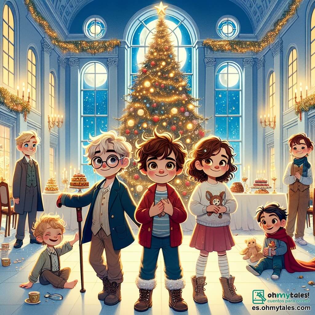 En un cálido orfanato, cuatro niños se agrupan, iluminados por la magia de Navidad. Mateo, un niño de ocho años con cabello castaño desordenado y una gran sonrisa, está en el centro, con los brazos abiertos como si recibiera la magia. A su derecha, Clara, una niña de cabello rizado y dorado, mira con ojos brillantes de asombro, sosteniendo un pequeño regalo. A la izquierda, Tomás, un niño tímido de siete años con gafas redondas, sonríe tímidamente con las manos en los bolsillos de su abrigo rojo. Detrás de ellos, Lucas, un niño de nueve años con un bastón, se muestra orgulloso, con los ojos fijos en un gran árbol de Navidad decorado con guirnaldas brillantes y bolas de colores. El lugar es un amplio salón del orfanato, con paredes pintadas de azul claro y grandes ventanas que dejan entrar la luz de la luna. Guirnaldas luminosas adornan las paredes y una gran mesa está llena de pasteles y chocolate caliente, creando una atmósfera festiva y acogedora. La escena principal muestra a los niños reunidos alrededor del árbol de Navidad, sus rostros iluminados por la alegría y la emoción, mientras comparten sus deseos y sueñan juntos con una noche mágica llena de amor y amistad.