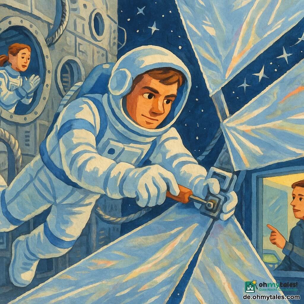 Ein Astronautenmann mit entschlossenem, ruhigem Gesicht und kurzen braunen Haaren unter hochgekappter Visier in einem weißen Raumanzug mit blauen Streifen schwebt schwerelos und repariert einen kleinen beschädigten Sensor an einem riesigen silbernen Sonnensegel; seine Handschuhe halten ein orangefarbenes Werkzeug und seine Augen sind konzentriert; ein männlicher Kollege (ca. 35) steht hinter und rechts innen an einer Panorama-Scheibe der Station in grauem Dienstanzug mit dem Finger an einer leuchtenden Konsole, besorgt aber zuversichtlich, und eine weibliche Kollegin (ca. 28) in ähnlichem Anzug mit zusammengebundenen Haaren klatscht leicht und gibt ermutigende Signale von einem nahegelegenen Modul durch eine offene Luke links; Ort: Bug einer großen Raumstation mit strukturierten Metallplatten, verdrillten Kabeln und runden Bullaugen, im Hintergrund ein Meer aus glänzenden Sonnensegeln mit irisierenden Reflexen und Sternenfragmenten; Szene: schwerelose Reparatur, sanfte Spannung und sorgfältiges Vorgehen, direktes Sonnenlicht erzeugt chromartige Reflexe und scharfe Schatten; Stil: Kinder-Gouache, opake kräftige Farben, leicht naive Linien, sichtbare Papiertextur, heroische und beruhigende Atmosphäre.