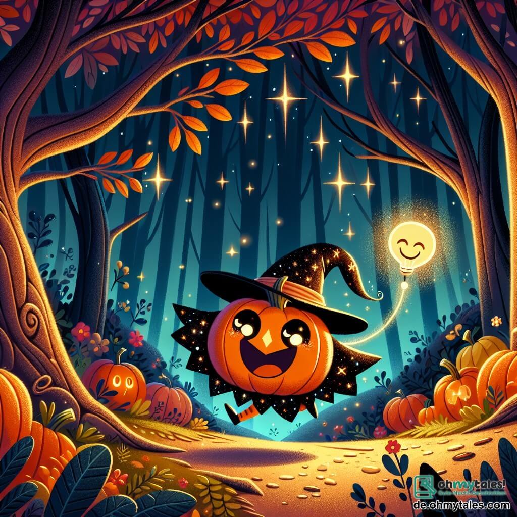 Ein kleiner Kürbis namens Paul, rund und orange, mit funkelnden Augen und einem großen Lächeln, trägt einen wunderschönen schwarzen Umhang, der mit leuchtenden Sternen übersät ist. Er hüpft fröhlich auf einem Erdweg inmitten eines geheimnisvollen Waldes, umgeben von großen Bäumen mit knorrigen Stämmen und verdrehten Ästen, deren Blätter gold und rot sind, erleuchtet vom sanften Licht des Mondes. Neben ihm schwebt Lilli, eine kleine leuchtende Glühbirne, in der Luft mit einem fröhlichen und dankbaren Ausdruck, der einen warmen Schein ausstrahlt, der den Weg erhellt. Die Szene spielt in einer verzauberten Lichtung, wo die Schatten tanzen und die Sterne am Nachthimmel funkeln. Paul und Lilli, vereint durch Freundschaft, suchen gemeinsam den Weg zu Lillis Haus, voller Aufregung und Mut.