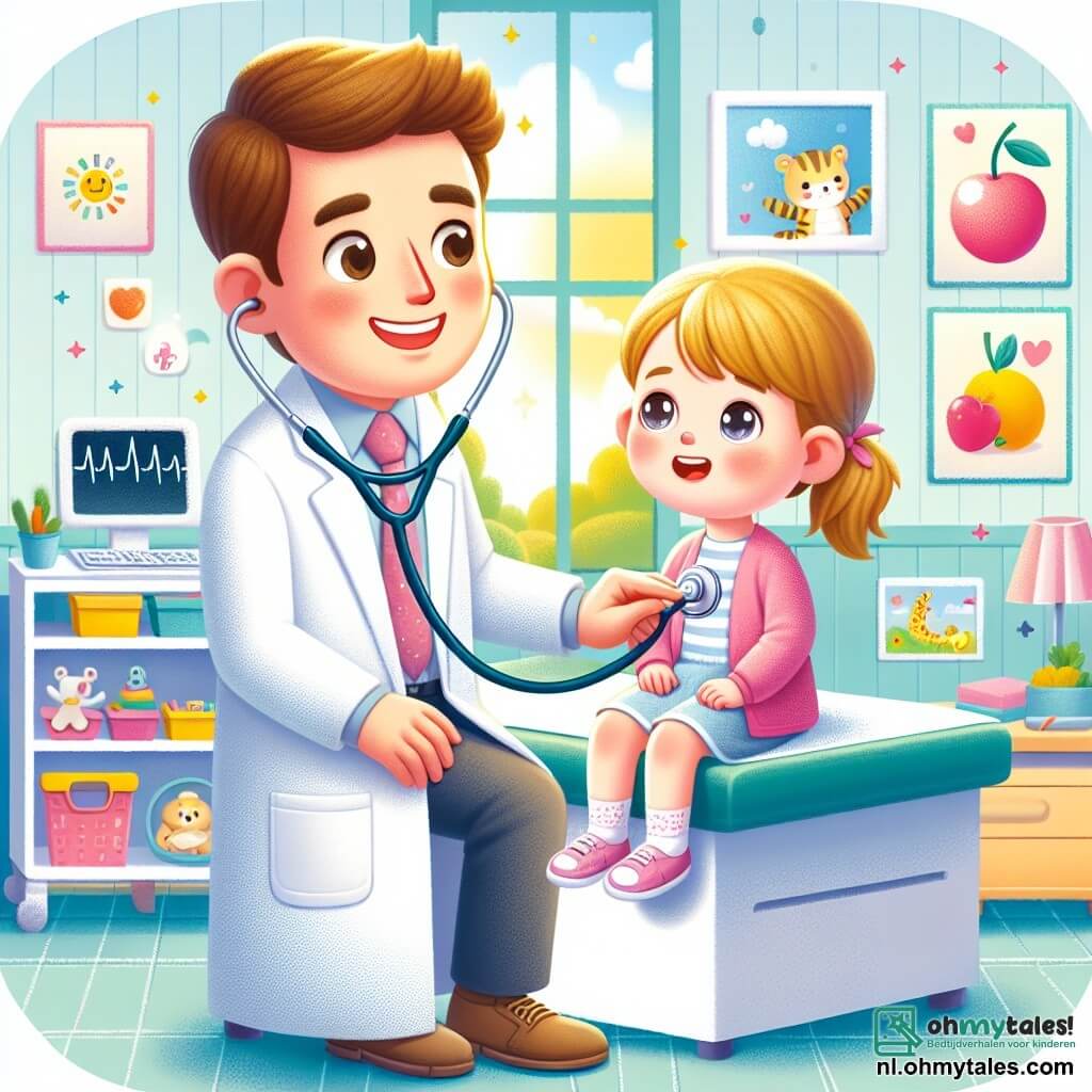 Een mannelijke arts, genaamd dokter Sam, staat in het midden van de afbeelding. Hij heeft een grote warme glimlach, bruin haar en draagt een witte jas. Hij leunt naar voren en onderzoekt een klein meisje met een stethoscoop, met een uitdrukking van concentratie en zorgzaamheid. Naast hem zit Lila, een 7-jarig meisje met blond haar en sprankelende ogen. Ze draagt een roze jurk en kijkt de dokter aan met een mengeling van bezorgdheid en hoop. Ze zit op een onderzoekstafel met haar benen over de rand. De achtergrond toont een lichte en uitnodigende onderzoekskamer, met kleurrijke posters van dieren en fruit aan de muren. Er is een klein bureau met speelgoed en kinderboeken, en een raam dat zonlicht binnenlaat. De belangrijkste situatie toont dokter Sam die het hart van Lila hoort met zijn stethoscoop, terwijl zij hem vertelt over haar buikpijn. De sfeer is geruststellend, vol warmte en medeleven, en illustreert het belang van medische zorg voor kinderen.