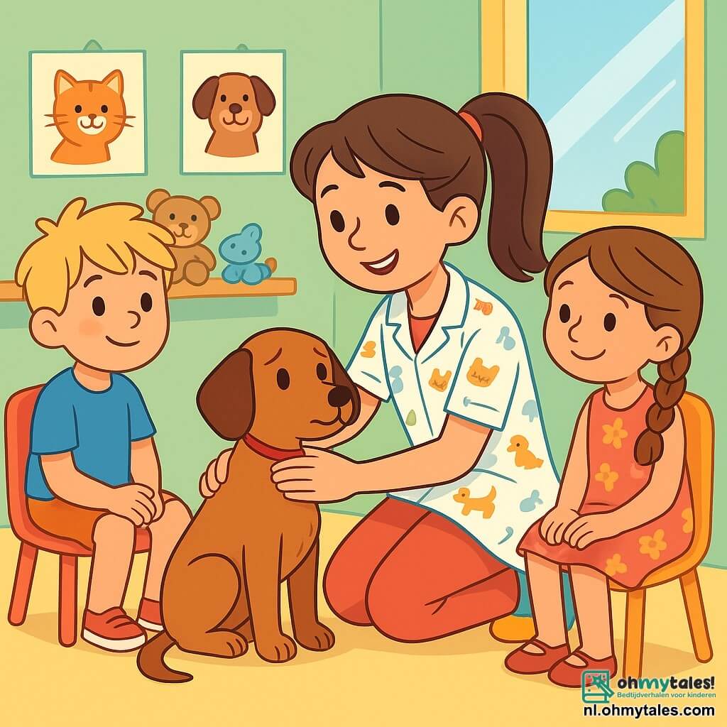 Een jonge dierenarts, Lotte, glimlachend en vol medeleven, knielt op de vloer van een consultatieruimte. Ze heeft lang bruin haar in een paardenstaart en draagt een witte schort met kleine dierenmotieven. Haar ogen stralen empathie uit terwijl ze een kleine hond, Max, onderzoekt, die er bezorgd maar vertederd uitziet. Naast haar kijken twee kinderen, Sam en Emma, ongeveer 8 jaar oud, nieuwsgierig toe. Sam, een jongen met rommelig blond haar, draagt een blauwe t-shirt en shorts. Emma, een meisje met gevlochten kastanjebruin haar, is gekleed in een roze bloemenjurk. Ze zitten op kleurrijke plastic stoelen, gefascineerd door de scène. De consultatieruimte is licht en uitnodigend, met pastelgroene muren. Posters van glimlachende dieren versieren de muren en knuffels liggen verspreid op een plank. Een groot raam laat zonlicht binnen dat de ruimte verlicht. In deze situatie geruststelt Lotte Max door zachtjes tegen hem te praten, terwijl Sam en Emma aandachtig kijken, verwonderd door de zorg en liefde die Lotte aan de dieren geeft.
