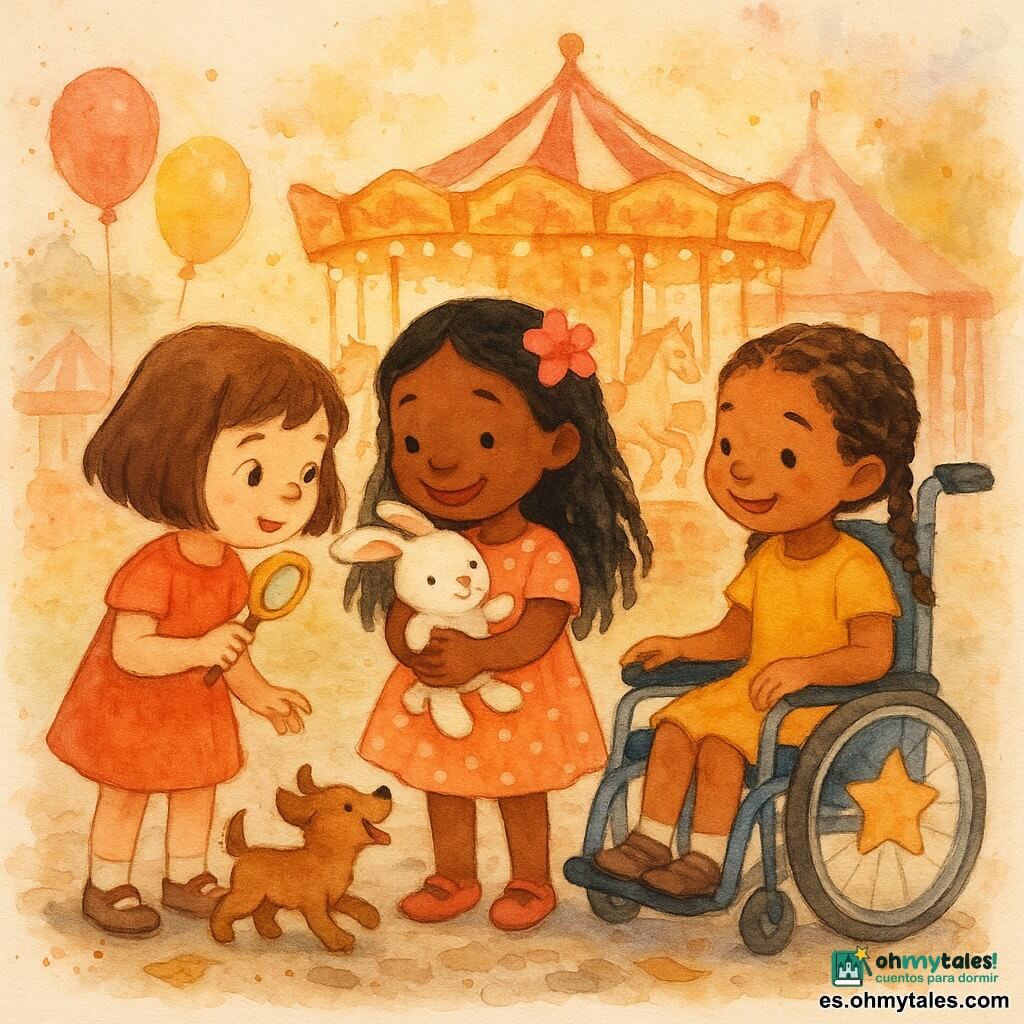 Hay tres niñas: María (5 años), pelo castaño corto, sostiene una lupa amarilla, a la izquierda, mirando con curiosidad; Lila (5 años), pelo largo con una flor rosa, vestido de lunares, en el centro abrazando a Pelusín, un pequeño conejo blanco de peluche, sonriente; Nora (5 años), trenzas, en silla de ruedas azul con una estrella, a la derecha, empujándola ligeramente y mirando a sus amigas. Lugar: feria al atardecer, colores cálidos; carrusel al fondo con caballos crema y rojo, guirnaldas de luces, globos y puestos de golosinas a rayas; suelo empedrado con algo de barro y hojas. Situación: las tres pequeñas investigadoras acaban de reencontrar a Pelusín; un perrito marrón juega a sus pies moviendo la cola; ambiente de alegría y alivio, gestos cariñosos, luz suave y detalles tipo acuarela con lavados de color y salpicaduras controladas en el carrusel y los globos.