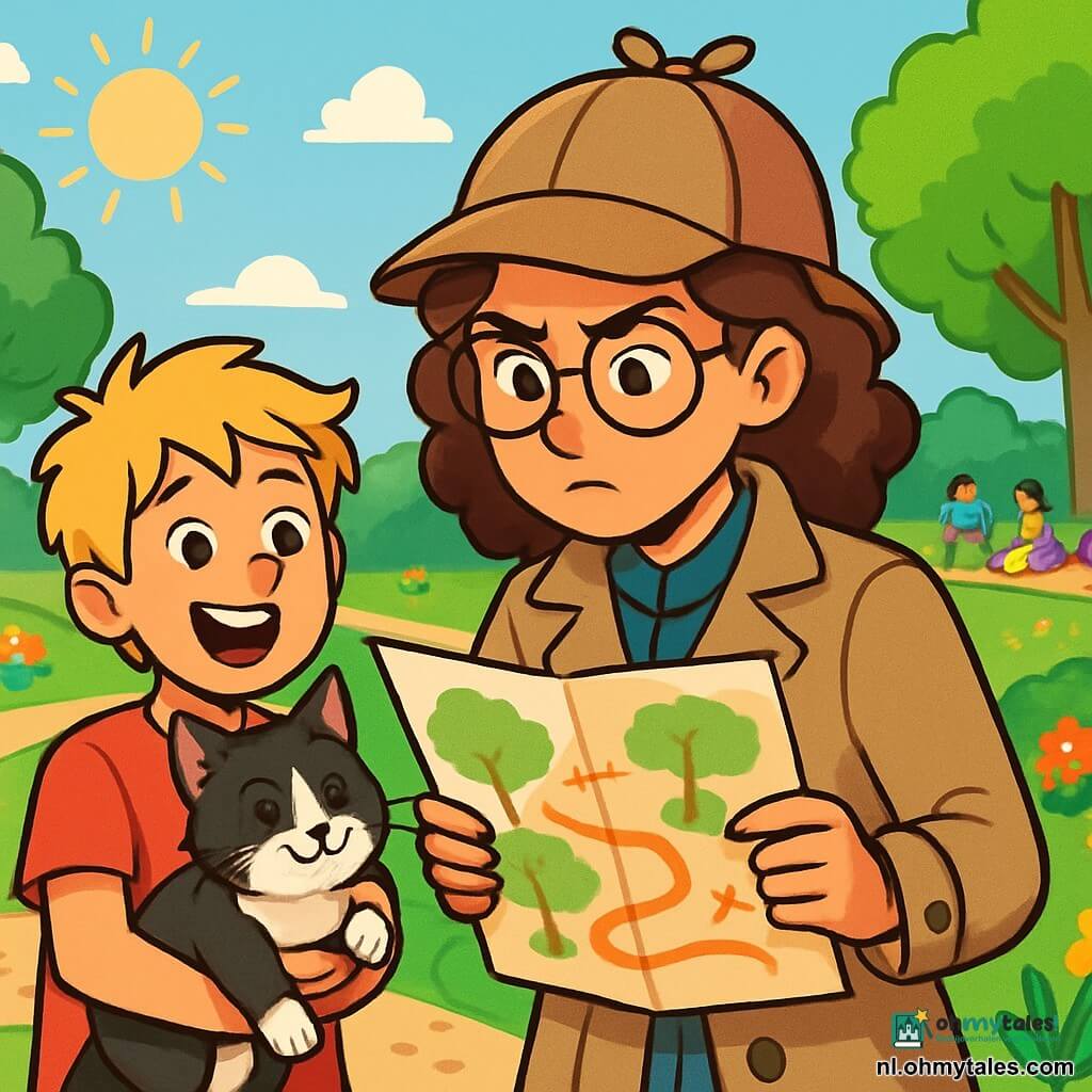 Een jonge detective, Emma, ongeveer 25 jaar oud, met krullend bruin haar en ronde bril, kijkt aandachtig naar een kaart in een zonnig park. Ze draagt een beige trenchcoat en een detectivehoed, haar gezicht toont concentratie en vastberadenheid. Naast haar staat een 10-jarig jongetje met wild blond haar en een rode t-shirt, dat een zwart-witte kat in zijn armen houdt, met een trotse glimlach op zijn gezicht. Het park is gevuld met groene bomen, kleurrijke bloemen en een grindpad dat door het gras kronkelt. In de verte zijn kinderen die spelen en gezinnen die picknicken op dekens. De belangrijkste situatie toont Emma en het jongetje die bespreken hoe hij de kat heeft gevonden, terwijl ze naar aanwijzingen zoeken over de verdwijning van Felix, de kat van de oude dame, met op hun gezichten blijdschap en nieuwsgierigheid.