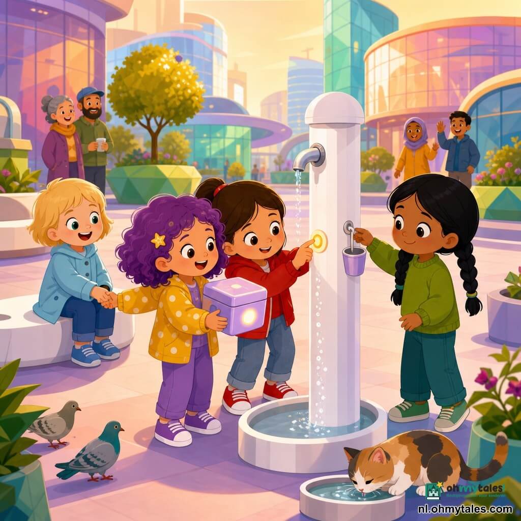 Vier meisjes van 4 jaar installeren samen op een futuristisch stadsplein een tijdelijk zonne-waterpunt: Lila met violette krullen en een gele gestippelde jasje houdt links een glimmend doosje met een lichtknopje en kijkt enthousiast naar de kolom; Noor met bruin steil haar in staart en rood jasje drukt rechts zachtjes op een zonneknop; Sana met zwarte gevlochten haren en groen truitje hangt een bekertje aan een haak vooraan; Fem met kort blond haar en hemelsblauwe mantel lacht zittend op een bankje en houdt Lila’s hand; het plein heeft gladde pastelklinkers, witte ronde banken, groene geometrische plantenbakken en glanzende glazen gebouwen, kleine zonlichtlanternes en onopvallende leidingen in de grond; de witte kolom heeft een lichtknop en een tuit die fijne fonkelende druppels geeft, buren glimlachen op de achtergrond en duiven en een kat drinken uit een bak, zachte warme namiddaglichtsfeer.
