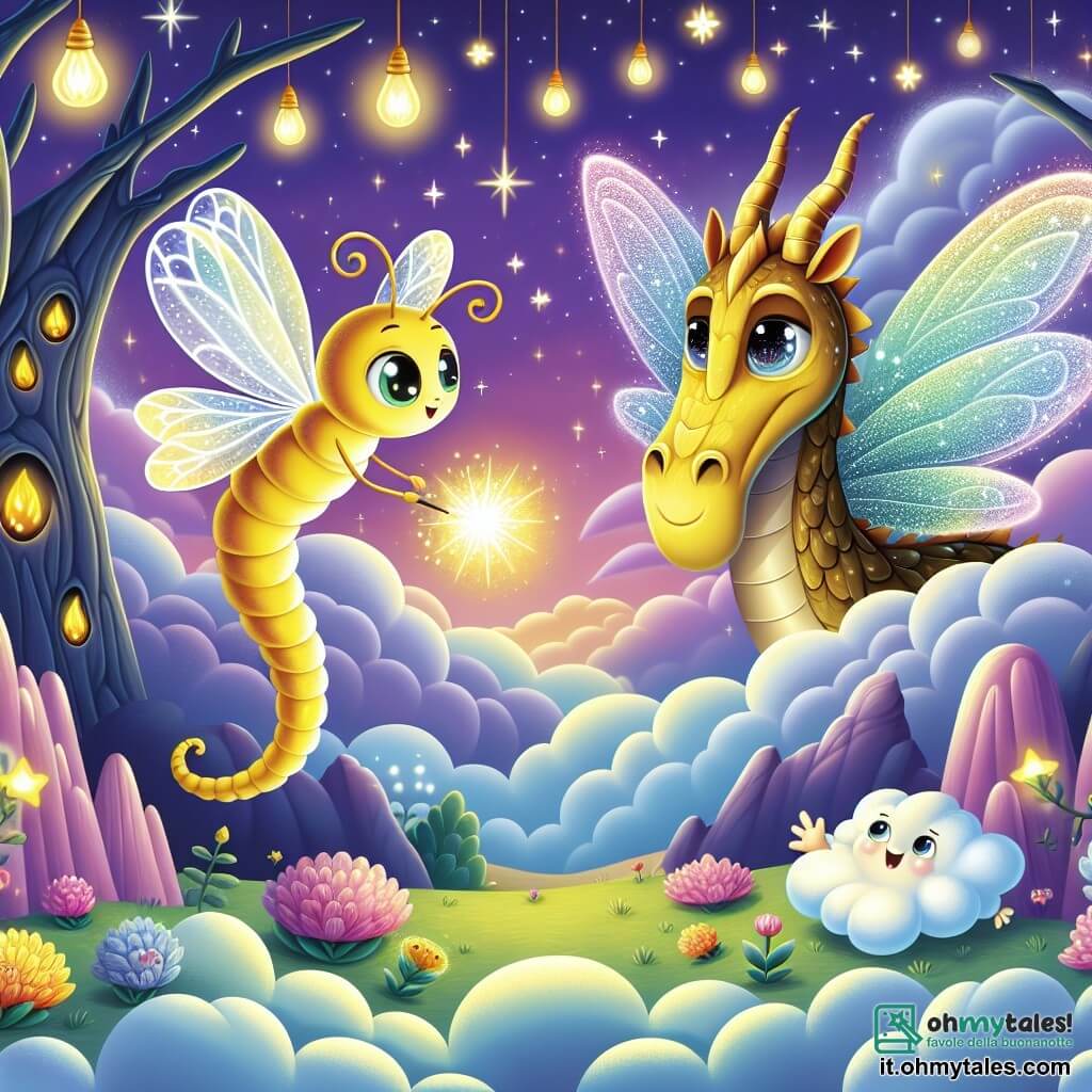 Un piccolo lucciolo luminoso, con ali delicate che scintillano come stelle, vola determinato sopra un paesaggio incantevole, il suo volto esprimendo coraggio e curiosità. Nelle vicinanze, un maestoso drago dalle squame brillanti, dorate e argentate, osserva benevolo, i suoi grandi occhi scintillanti di gratitudine e speranza, mentre si trova su una nuvola di cotone morbido nella Valle delle Nuvole. Il luogo è una valle magica, dove nuvole soffici fluttuano come cuscini e fiori colorati danzano al ritmo del vento, creando un'atmosfera da sogno e di magia. La scena principale mostra il lucciolo, con una luce brillante, pronto ad affrontare un'ombra minacciosa che emerge dal castello delle ombre, pronto a difendere la magia dei sogni e a salvare il suo amico drago.