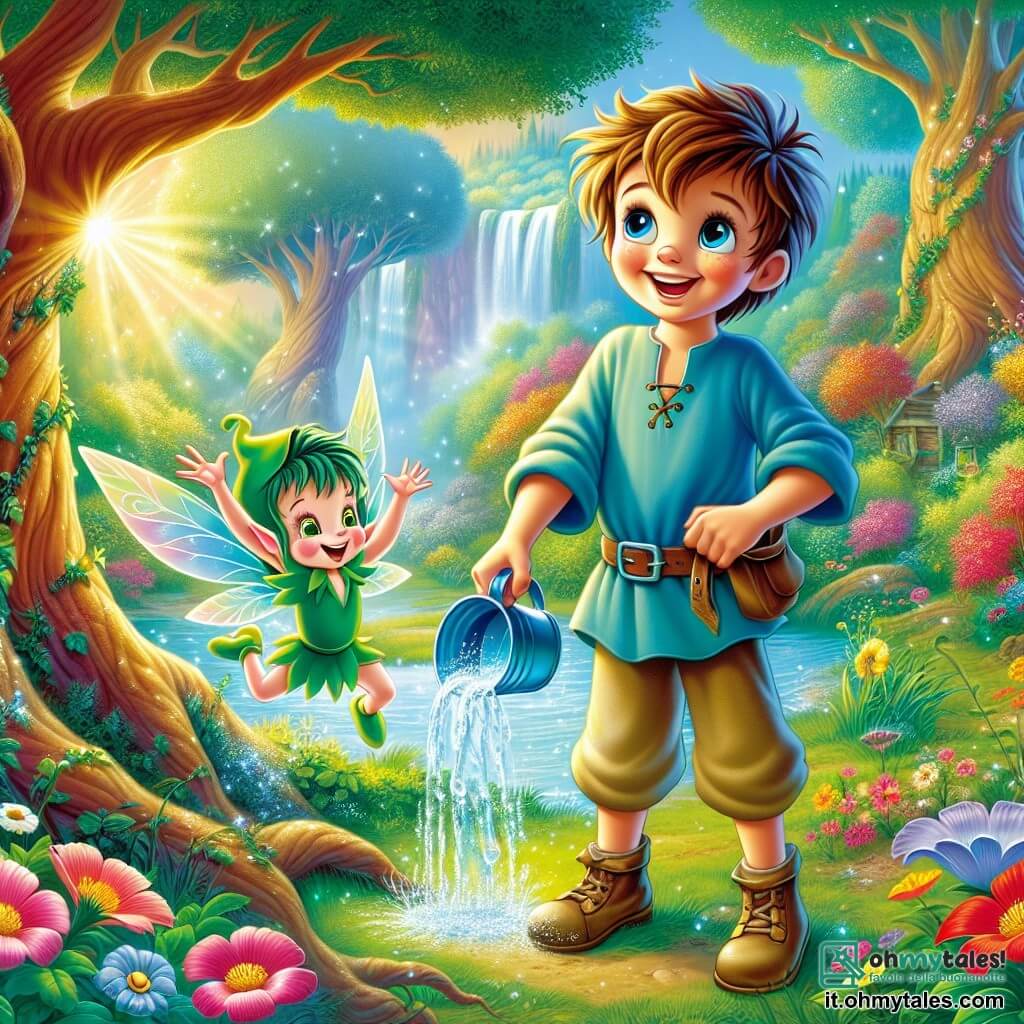 Il Petit Poucet, un ragazzo dai capelli castani disordinati e dagli occhi brillanti di curiosità, si trova al centro della scena con un grande sorriso sul volto. Indossa una tunica blu e pantaloni di tela, e tiene un secchiello pieno d'acqua cristallina, pronto ad annaffiare gli alberi del bosco. Accanto a lui, Filo, il folletto verde, un piccolo essere con ali scintillanti e un cappello di foglie, danza gioiosamente nell'aria, i suoi occhi brillano di eccitazione. Il luogo è un magnifico bosco incantato, con alberi maestosi e fogliame lussureggiante, illuminato da una luce dorata che filtra tra i rami. Fiori vibranti di tutti i colori sbocciano attorno a loro e una cascata scintillante scorre sullo sfondo, creando una melodia rilassante. La scena principale mostra il Petit Poucet mentre versa acqua sulle radici di un grande albero, mentre le foglie iniziano a riacquistare il loro verde brillante, simboleggiando la rinascita e la magia della natura.