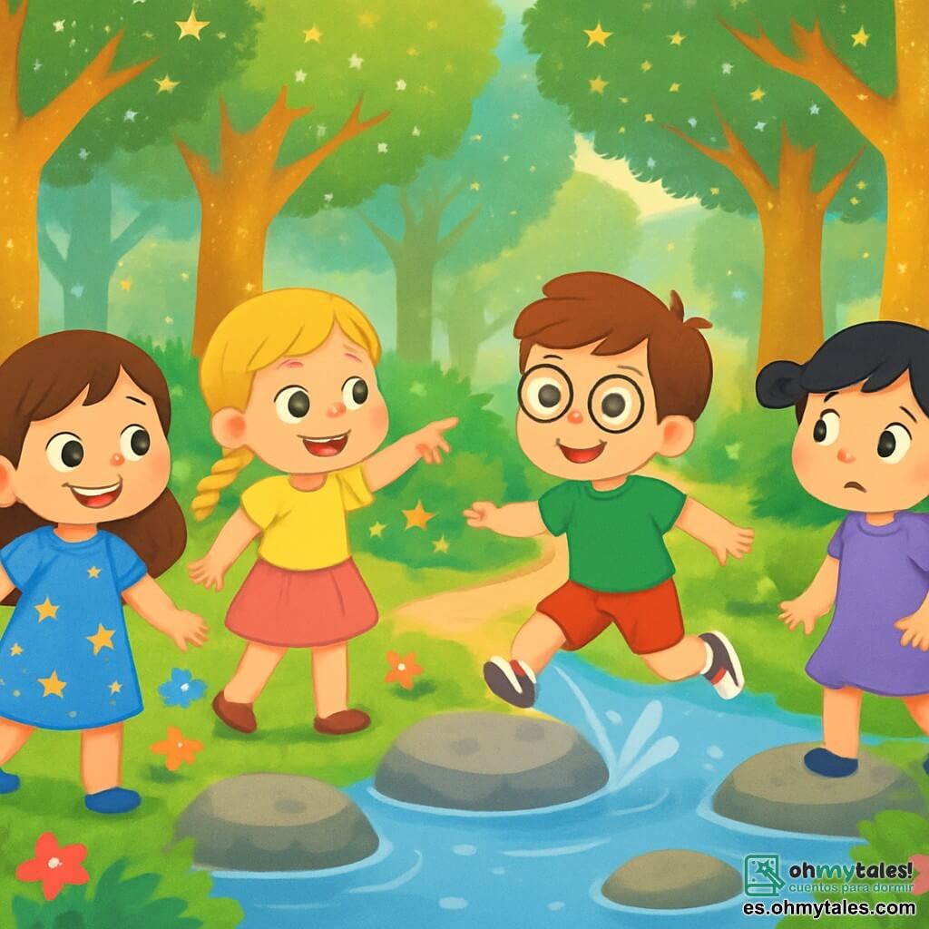 Hay 4 niños: - Luna: Una niña de 8 años con largos cabellos castaños y ojos brillantes. Lleva un vestido azul con estrellas doradas y está a la izquierda, sonriendo y llena de curiosidad. - Estrella: Una niña de 7 años con trenzas rubias y ojos verdes brillantes. Lleva una camiseta amarilla y una falda rosa, y está en el centro, señalando el camino del bosque. - Sol: Un niño de 6 años con cabello castaño y gafas redondas. Lleva un pantalón corto rojo y una camiseta verde, y está a la derecha, listo para saltar sobre una piedra. - Nube: Una niña de 7 años con cabello negro y dos coletas. Lleva un vestido violeta y está un poco atrás, mirando el río con una expresión preocupada. La escena ocurre en un bosque mágico, con árboles gigantes de troncos dorados y hojas brillantes. El suelo está cubierto de flores coloridas que parecen bailar al ritmo del viento, y un arroyo cristalino fluye suavemente, reflejando la luz del sol. Los cuatro niños están cruzando el arroyo, saltando de piedra en piedra, con salpicaduras de agua a su alrededor. Se ven alegres y decididos, listos para vivir una nueva aventura juntos.