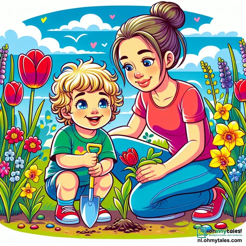 Een jongetje van 2 jaar, met blond, krullend haar en grote, stralende blauwe ogen, zit in een zonnige tuin met een klein plastic schepje in zijn hand. Hij glimlacht breed, verwonderd door de kleurrijke bloemen om hem heen. Naast hem staat zijn moeder, een vrouw van ongeveer 30 jaar, met lang bruin haar in een knot en een kleurrijk t-shirt, die een rode tulp in de grond plant en haar zoon teder aankijkt. De tuin is gevuld met stralende bloemen: rode tulpen, gele narcissen en paarse viooltjes, onder een heldere blauwe lucht met een paar witte wolken. De scène toont de jongen en zijn moeder terwijl ze de bloemen water geven met een klein gietertje, wat een vrolijke en lentachtige sfeer creëert.
