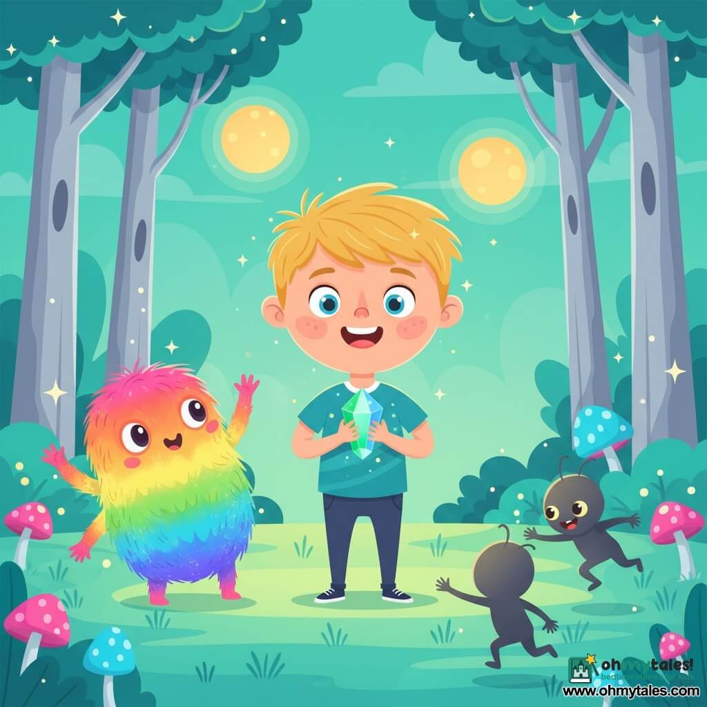 An 8-year-old round-faced boy with tousled blond hair and bright blue eyes stands center, joyfully holding a small glowing emerald-green and bright-blue crystal; to his left Zorblat, a small plump alien with shimmering rainbow fur, three arms and six legs, raises an arm in celebration; to the right and foreground tiny shadowy Sprite silhouettes with mischievous eyes reach toward the crystal in friendship; the scene is a fairy glade with turquoise grass, silver-trunked trees with sparkling leaves, luminous pink and blue mushrooms, and a teal sky with two golden suns — a moment of victory and reconciliation as the boy has recovered the stone and everyone smiles, celebrating under warm, colorful light.