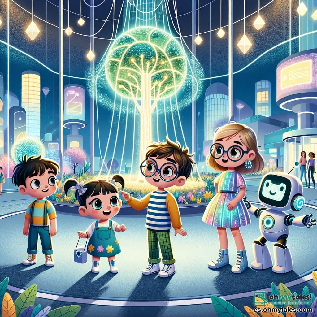 En un parque futurista, Leo, un niño de cinco años con cabello castaño desordenado y grandes ojos curiosos, se encuentra en el centro, mirando maravillado a su alrededor. A su derecha, Clara, una niña de cinco años con grandes gafas redondas y un vestido colorido, sonríe mientras sostiene una tableta holográfica que proyecta imágenes brillantes. A la izquierda, Tomás, un niño de cinco años con cabello rubio y una camiseta a rayas, señala un árbol luminoso que brilla con un resplandor verde. Finalmente, Ana, una niña de cinco años con trenzas y una falda brillante, se acerca a Robo, un gran robot amigable con ojos centelleantes y forma humanoide, que se encuentra detrás de ellos, listo para guiarlos. El parque está lleno de plantas coloridas que crecen en muros de vidrio, árboles que brillan con luz y pantallas flotantes que muestran información. Los niños juegan con robots y vehículos voladores pasan suavemente por encima de ellos. La escena principal muestra a Leo y sus amigos descubriendo el parque tecnológico, fascinados por las maravillas futuristas que los rodean, mientras buscan al robot Robo para obtener ayuda para encontrar el camino a casa.