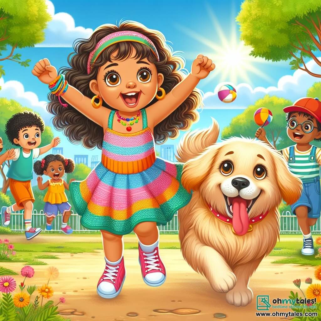 A 2-year-old girl with big bright eyes and curly hair is wearing a colorful dress and sneakers. She is joyfully smiling while running in a sunny park, her arms raised in victory. Next to her, a fluffy golden retriever is happily barking and running with its tongue out and tail wagging. Several children are playing around them, including a 5-year-old boy in a red cap throwing a ball and a 4-year-old girl with pigtails clapping and smiling. They are surrounded by greenery, with majestic trees and colorful flowers enhancing the landscape. The scene takes place in a lively park where laughter and joyful shouts resonate under a bright blue sky. In the center of the illustration, the girl and her dog are participating in a race with the other children, running together with enthusiasm and energy, ready to have fun and share joyful moments.