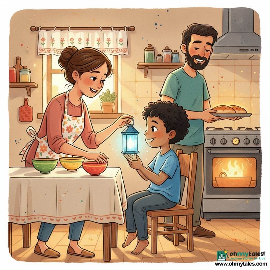 A tender Ramadan prep scene: a curious, smiling 4-year-old boy with short curly black hair sits on a low chair, feet dangling, holding a winking blue paper lantern close to his face as it emits a soft, sparkling light; his mother (about 30–35), hair in a bun and wearing a floral apron, arranges colorful bowls to his left while looking at him gently, and his bearded father (about 35–40) stands by the stove holding a tray of hot bread lit by amber light in a small, warm kitchen with a light-wood table draped in cream fabric, a small window with an embroidered curtain and late-afternoon shadows.