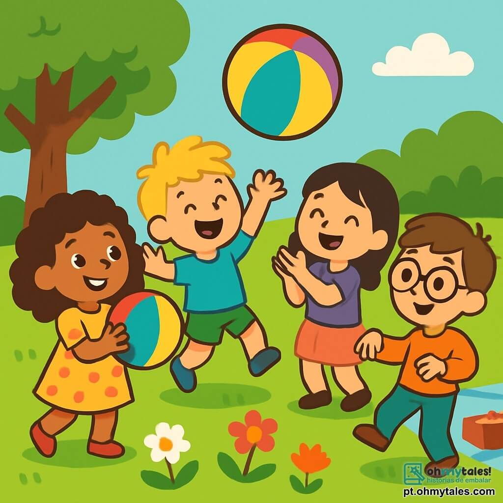 Há 4 crianças: Lia, uma menina de 6 anos com cabelos cacheados e castanhos, vestindo um vestido amarelo com bolinhas vermelhas, segurando um balão colorido e sorridente; Tom, um menino de 5 anos com cabelos loiros bagunçados, usando uma camiseta azul e um short verde, pulando alegremente; Bia, uma menina de 5 anos com cabelos lisos e pretos, vestindo uma saia rosa e uma camiseta roxa, aplaudindo com entusiasmo; Rui, um menino de 6 anos com cabelos castanhos e óculos redondos, usando um suéter laranja, dançando enquanto tenta tocar o balão. As crianças estão em um jardim ensolarado, cheio de flores coloridas e grama verde, com uma grande árvore ao fundo. Elas correm e riem juntas, tentando manter o balão no ar, criando uma atmosfera de felicidade e amizade.