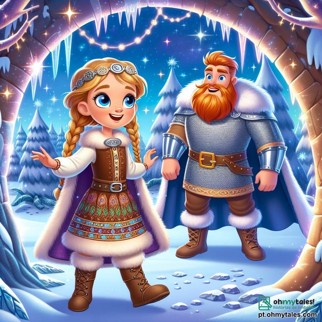 Freya, uma jovem viking de cabelos dourados trançados, está à beira de um portal mágico cintilante. Seu rosto expressa admiração e curiosidade, com olhos brilhantes como estrelas. Ela usa uma túnica de pele marrom, adornada com padrões nórdicos, e botas de couro. Ao seu lado, um gigante amigável, com cerca de 30 anos, barba ruiva e olhos brilhantes, sorri enquanto lhe mostra o caminho pelo reino mágico. Ele está vestido com uma armadura de metal brilhante e uma capa azul flutuante. O local é uma floresta encantada, com árvores gigantescas de troncos prateados e folhas cintilantes, sob um céu estrelado onde dançam auroras boreais. A neve cobre o chão e cristais de gelo brilham como diamantes. Nesta cena, Freya descobre o portal mágico que a transportou para este mundo fantástico, enquanto o gigante a encoraja a explorar as maravilhas de seu reino.