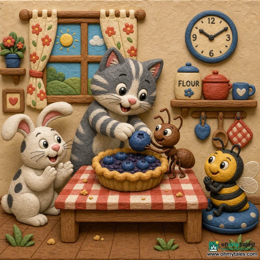 A small cat named Mittens, gray-and-white striped with round bright eyes, stands on its hind legs placing a large blueberry on a golden pie at the table; a small brown ant (Mr. Ant) with a segmented body and fine antennae looks surprised and happy nearby as if offering the berry; a white spotted rabbit (Daisy) with floppy ears sits left of the table clapping, and a round striped bumblebee (Buzzy) with translucent wings rests on a cushion at right with a gentle admiring expression; the warm simple kitchen has a light wood table with a red-and-white checkered cloth and a sunny window with a floral curtain, a wall clock showing 10:10; central scene of reunion and sharing with bright colors, visible play-dough textures, soft rounded shapes, and a joyful, safe atmosphere.