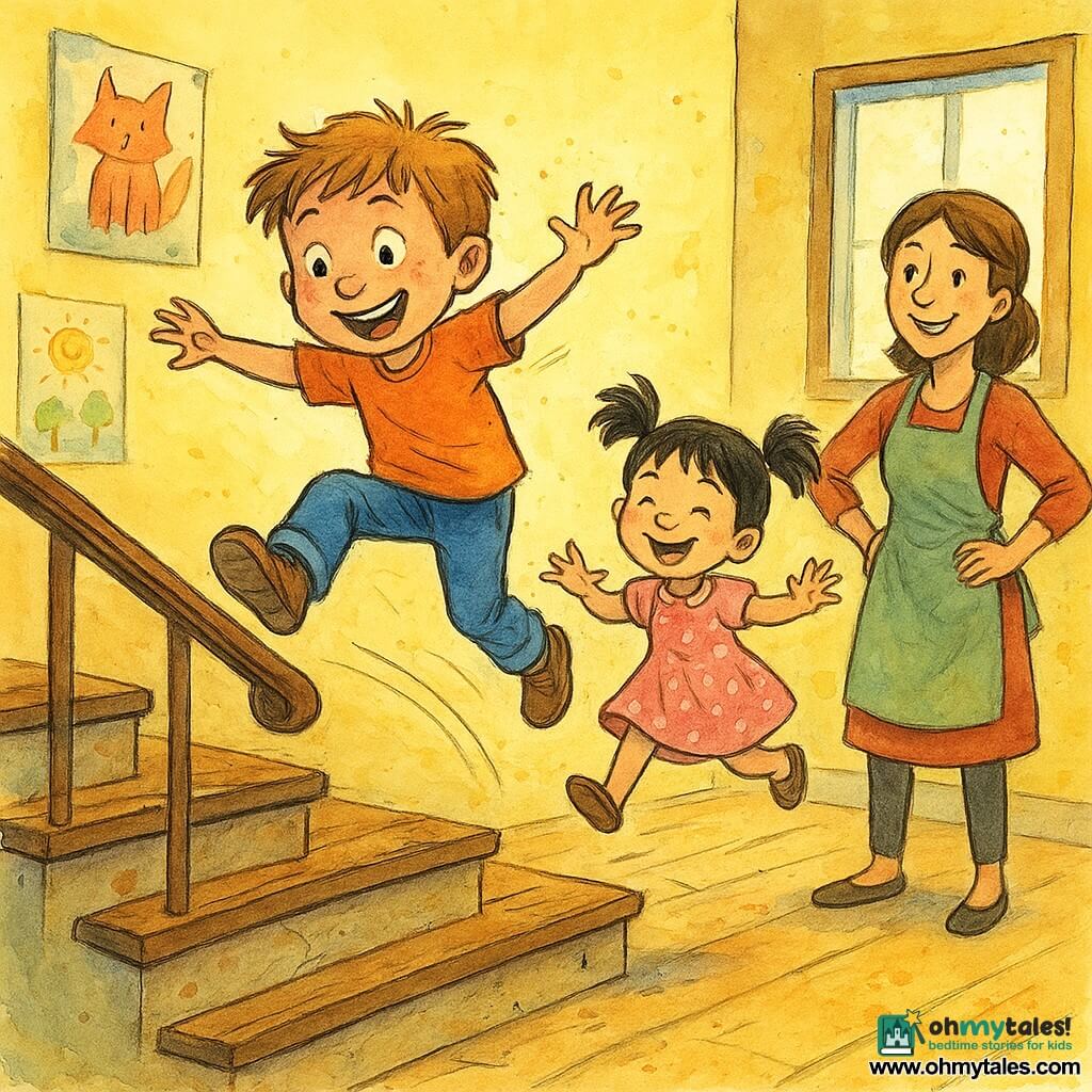 A mischievous 6-year-old boy with a round freckled face and tousled light-brown hair, big bright eyes, jumps on a step avoiding a creaky board with arms outstretched and a playful smile; his 4-year-old sister, joyful in black pigtails and a pink polka-dot dress, imitates him dancing on the step behind; a smiling mother in an apron stands at the bottom of the worn wooden stairs, hands on hips, watching; the colorful interior has pale yellow walls, animal posters and children's drawings, soft window light; the scene shows the children playing down the stairs avoiding squeaky steps, rendered with lively ink strokes and splashes of color.