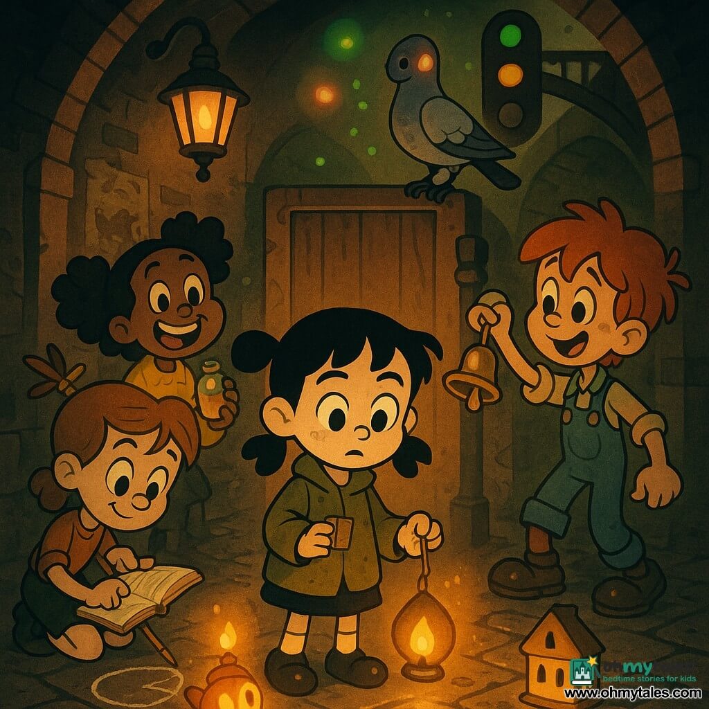 There are four children: Mina, 9, small with black pigtails and an oversized khaki jacket, holding a small matchbox in her right hand and standing center in front of a wooden door without a handle; Jo, 9, a redheaded boy in a blue overall ringing a bell on a ribbon at his left wrist while looking right near a signal post; Tess, 9, light-brown hair tied with a pencil, kneeling left of Mina and drawing a white circle on the ground with chalk from an open notebook; and Suri, 9, curly hair and a bright yellow sweater, standing just behind Mina smiling broadly and holding a small vial of golden oil. A special pigeon with a silver leg perches on the railing above, gray glossy feathers tilted as it drops a folded scrap of paper. The setting is an underpass beneath city rails: a dark brick arch, hanging glass lamps, peeling painted walls with old posters, wet cobblestones reflecting the lamps’ orange light, and the metal train visible above as a rough shadow. The main scene: the four children light four small lamps—Mina holding a lit match to a lamp shaped like a fish and a house—the warm glow fills the air, a threatening shadow fractures and recedes, and stylized red, yellow, and green signal-fire spirits shine above, creating a gentle, magical sense of victory.