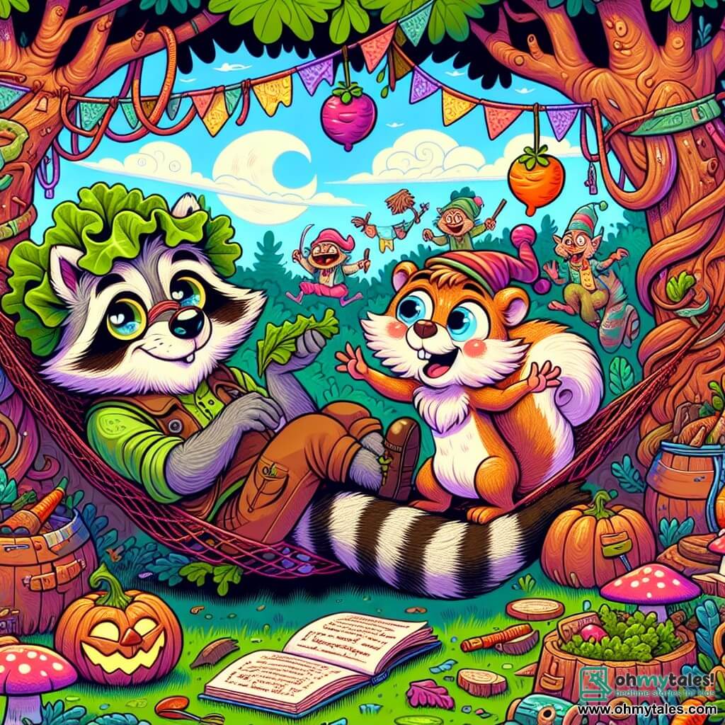 Reggie, a raccoon with sparkling eyes and soft fur, is lying in a hammock made of old fishing nets, with a look of contentment on his face and a lettuce hat on his head. Next to him, Bartholomew, a scruffy squirrel with a bushy tail, jumps excitedly, his eyes shining with excitement, holding a small rolled-up map in his paws. The setting is an enchanted forest, with twisted tree trunks, colorful mushroom-shaped mustaches, and a blue sky dotted with fluffy clouds. The main scene shows Reggie and Bartholomew preparing for an adventure, surrounded by cheerful goblins juggling vegetables and painting pumpkins, creating a festive and amusingly chaotic atmosphere.